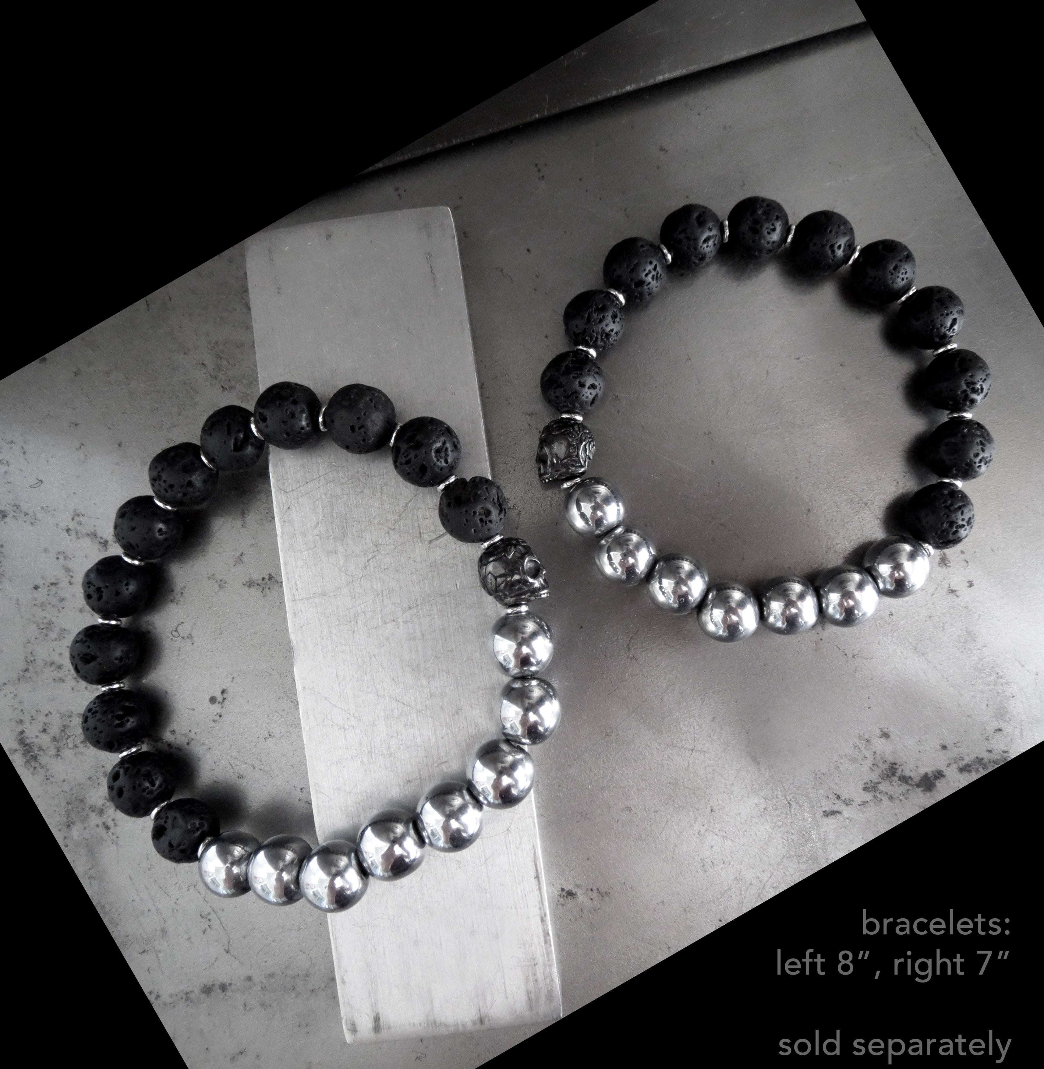 Black Skull Bracelet with Lava and Hematite Color Beads