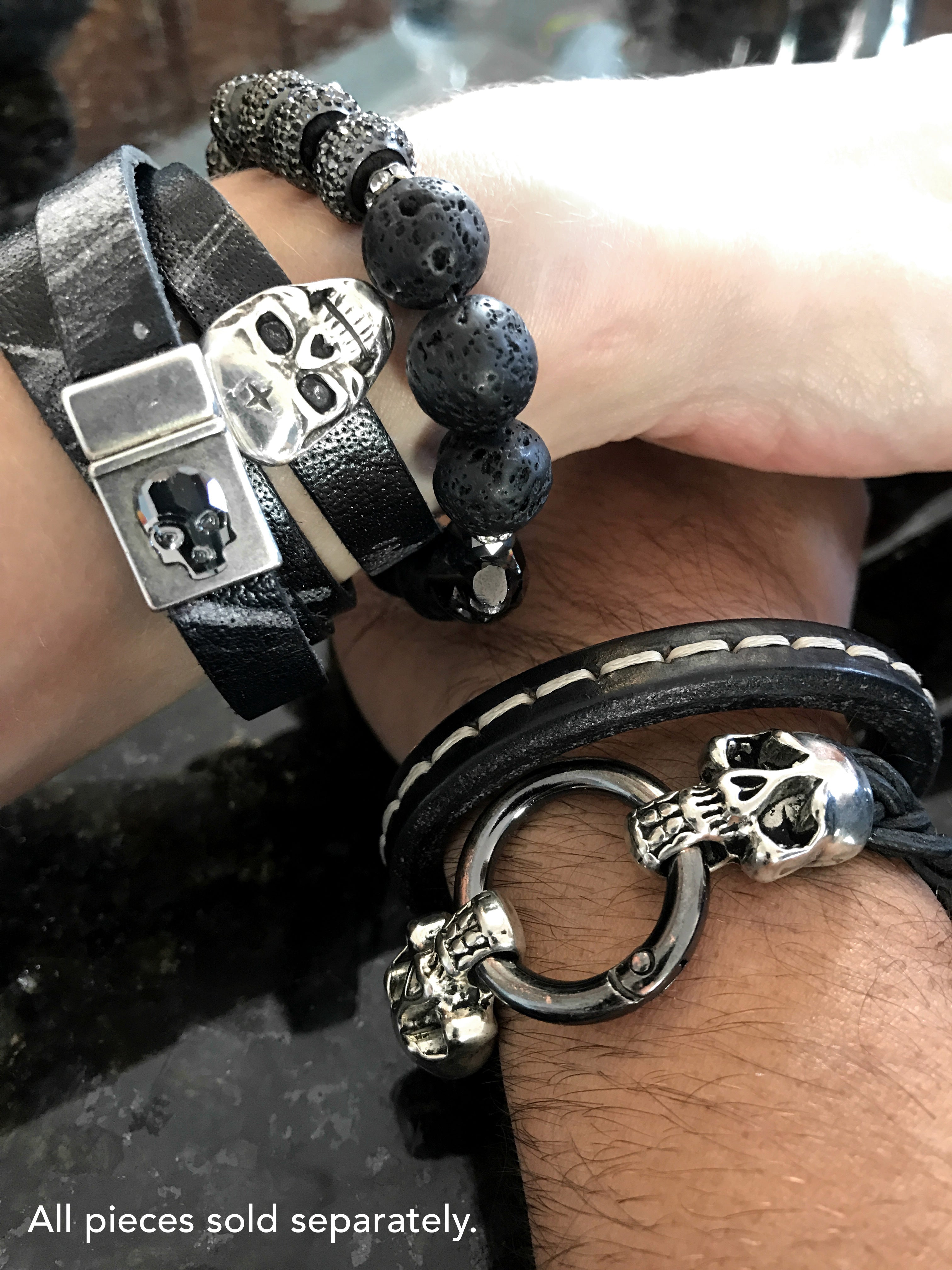 Silver Skull Bracelet with Black Lava Beads
