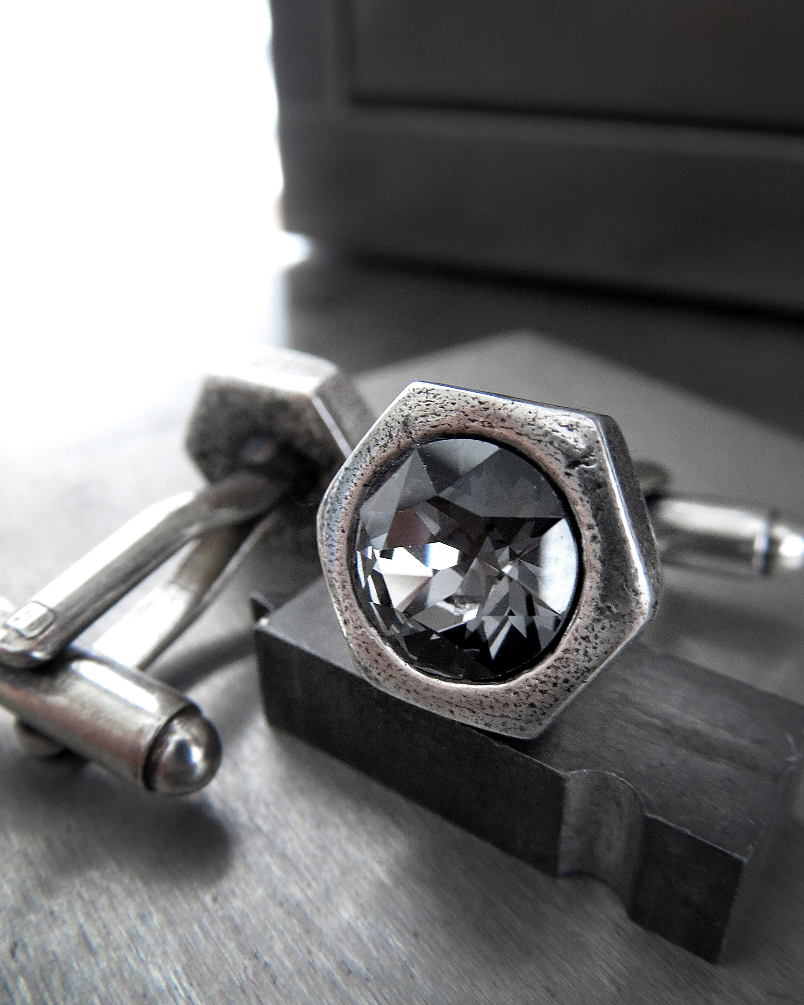 Hex Nut Cufflinks with Dark Grey Crystal - Antiqued Silver