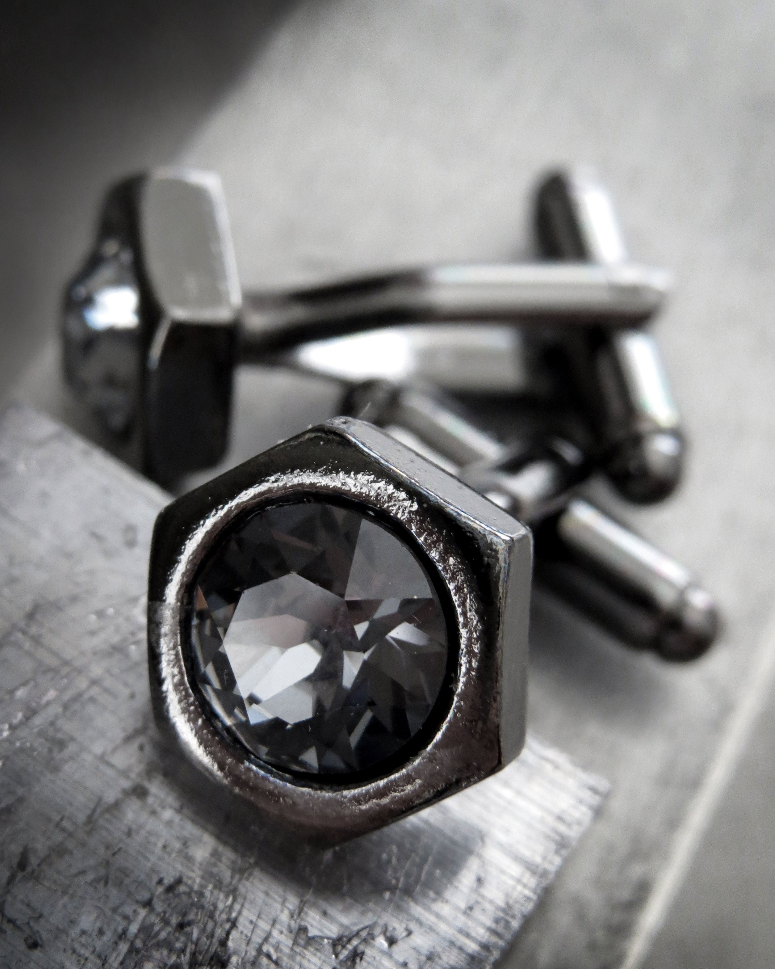 Black Hex Nut Cuff Links with Black Crystal