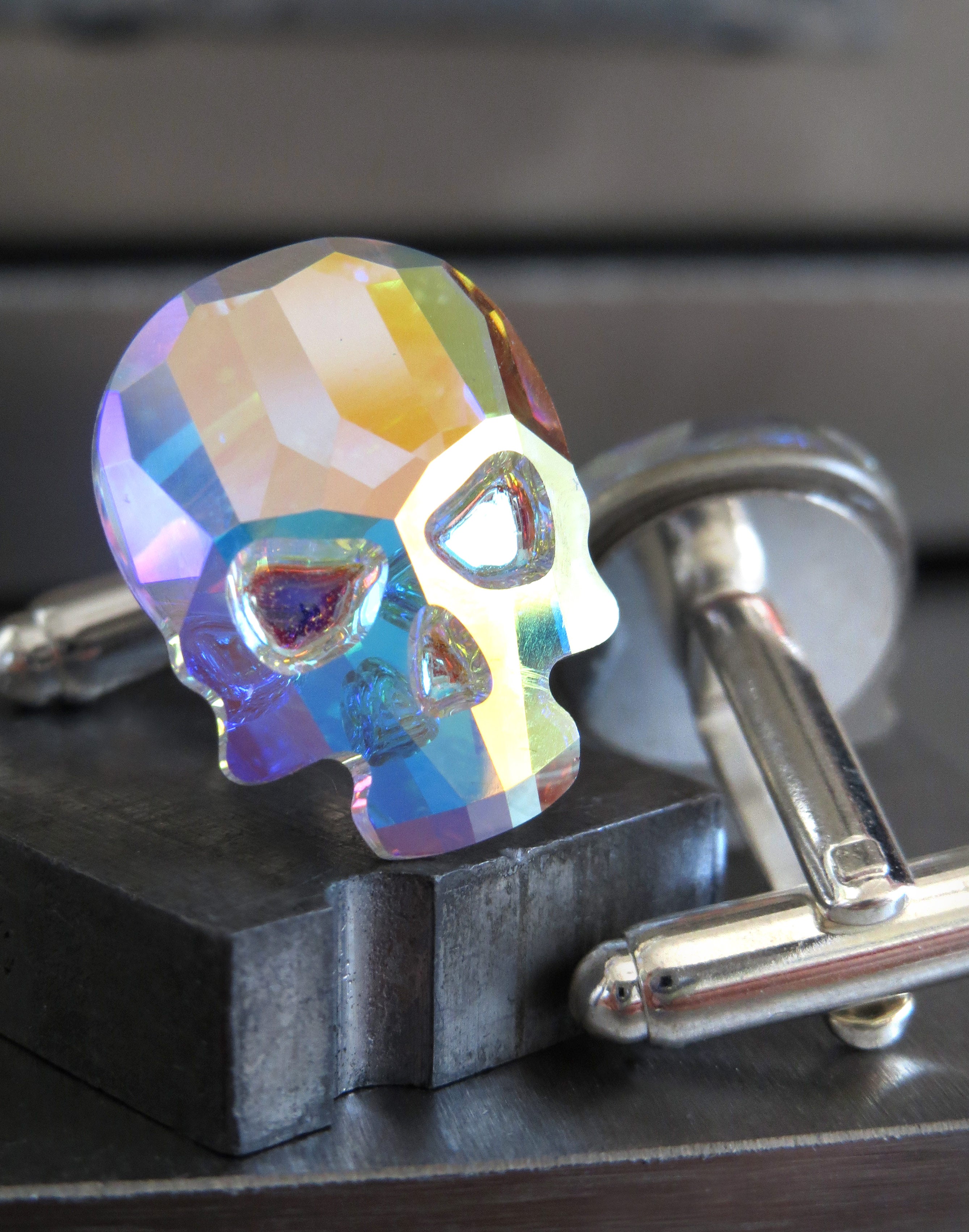 Crystal Skull Cufflinks with Dazzling Shimmer AB Crystal