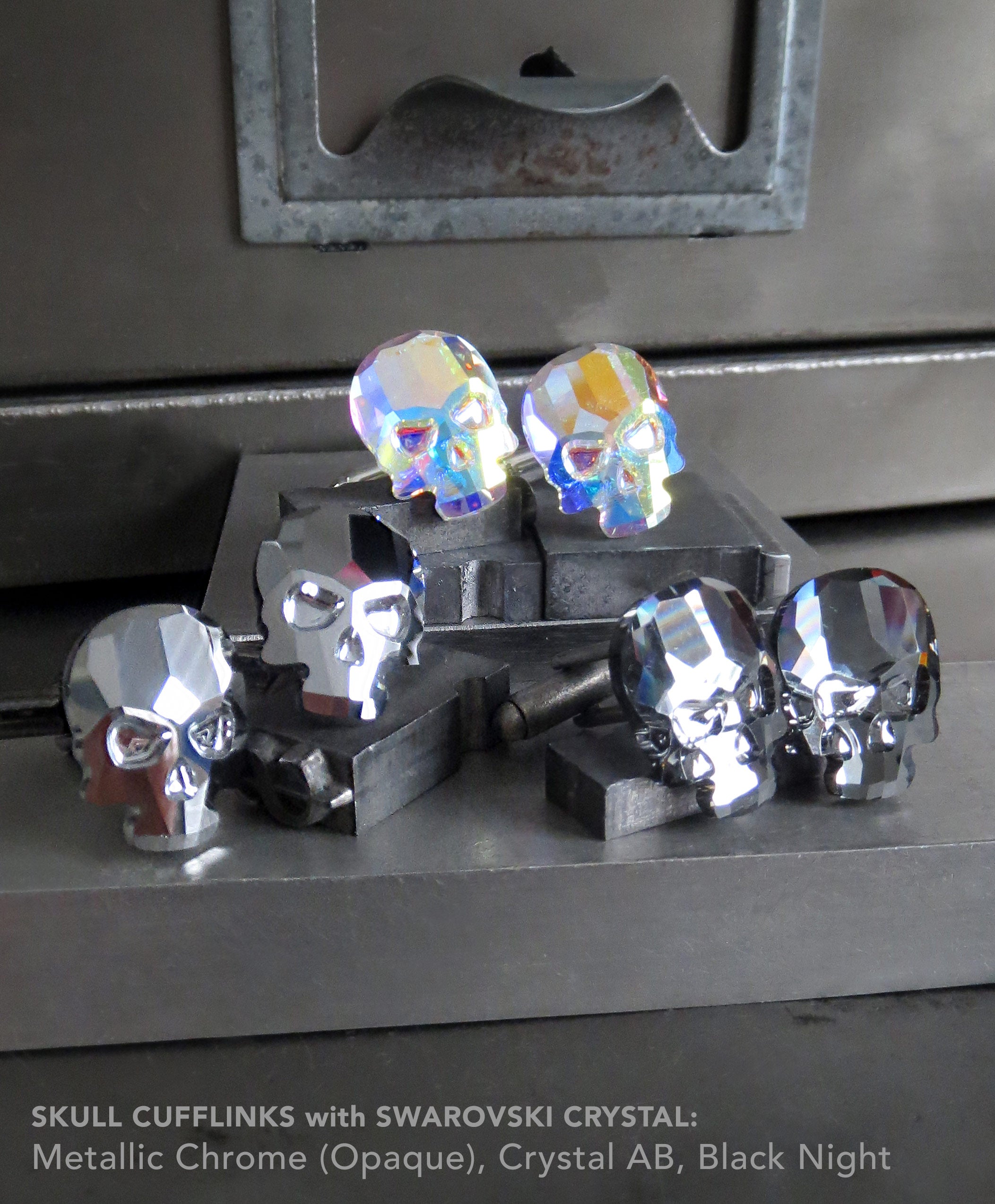 Silver Skull Cufflinks with Metallic Chrome Crystal