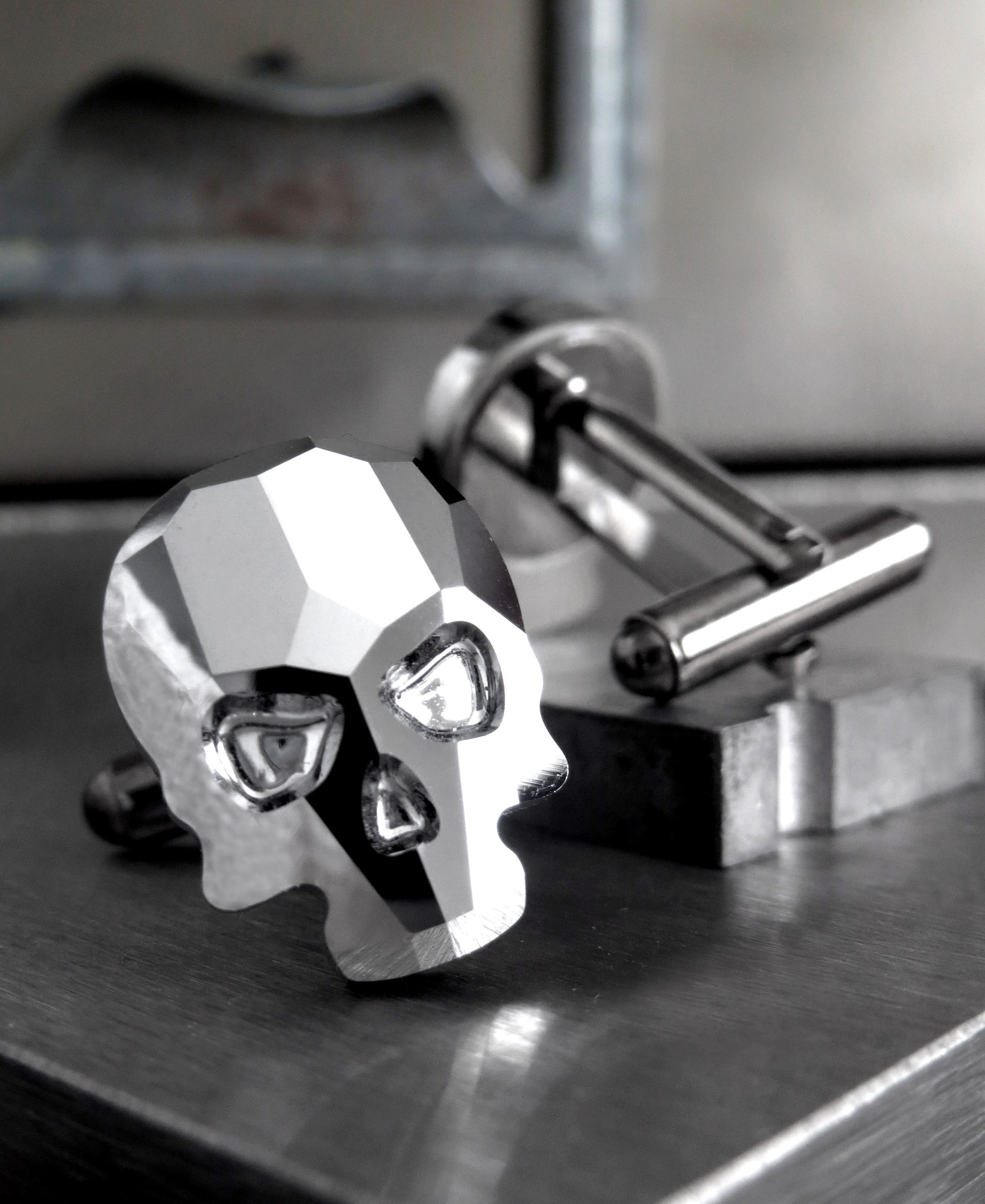 Silver Skull Cufflinks with Metallic Chrome Crystal