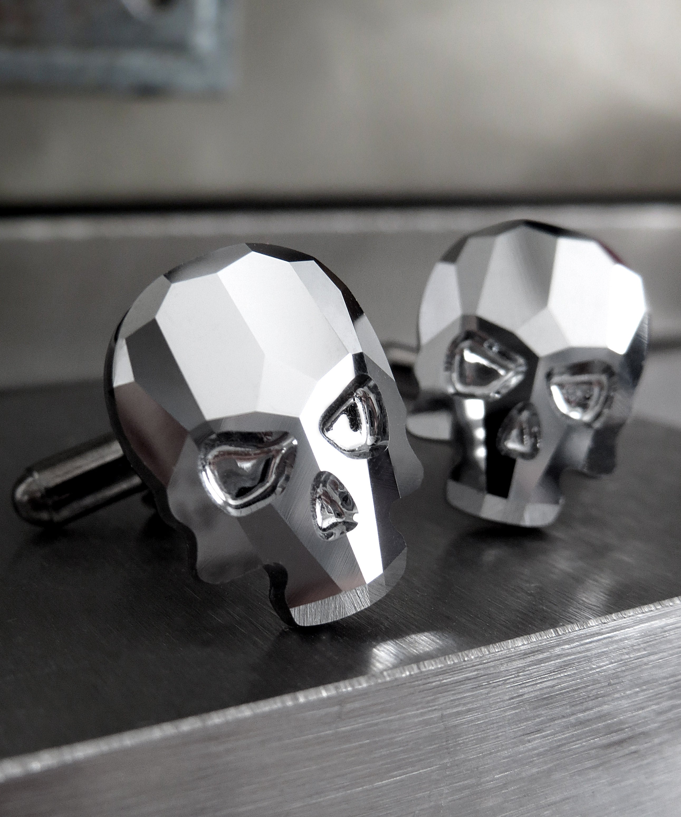 Silver Skull Cufflinks with Metallic Chrome Crystal