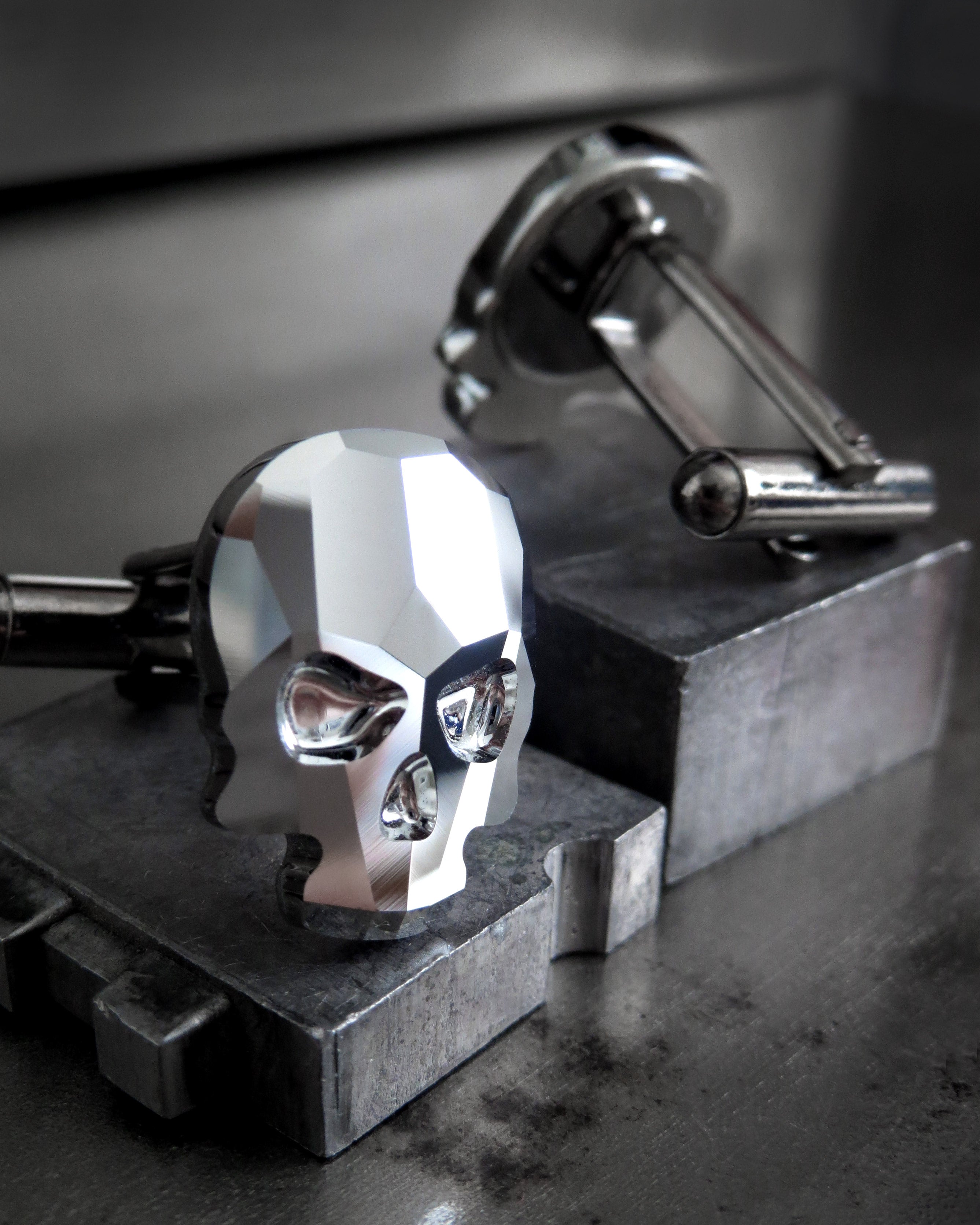 Silver Skull Cufflinks with Metallic Chrome Crystal