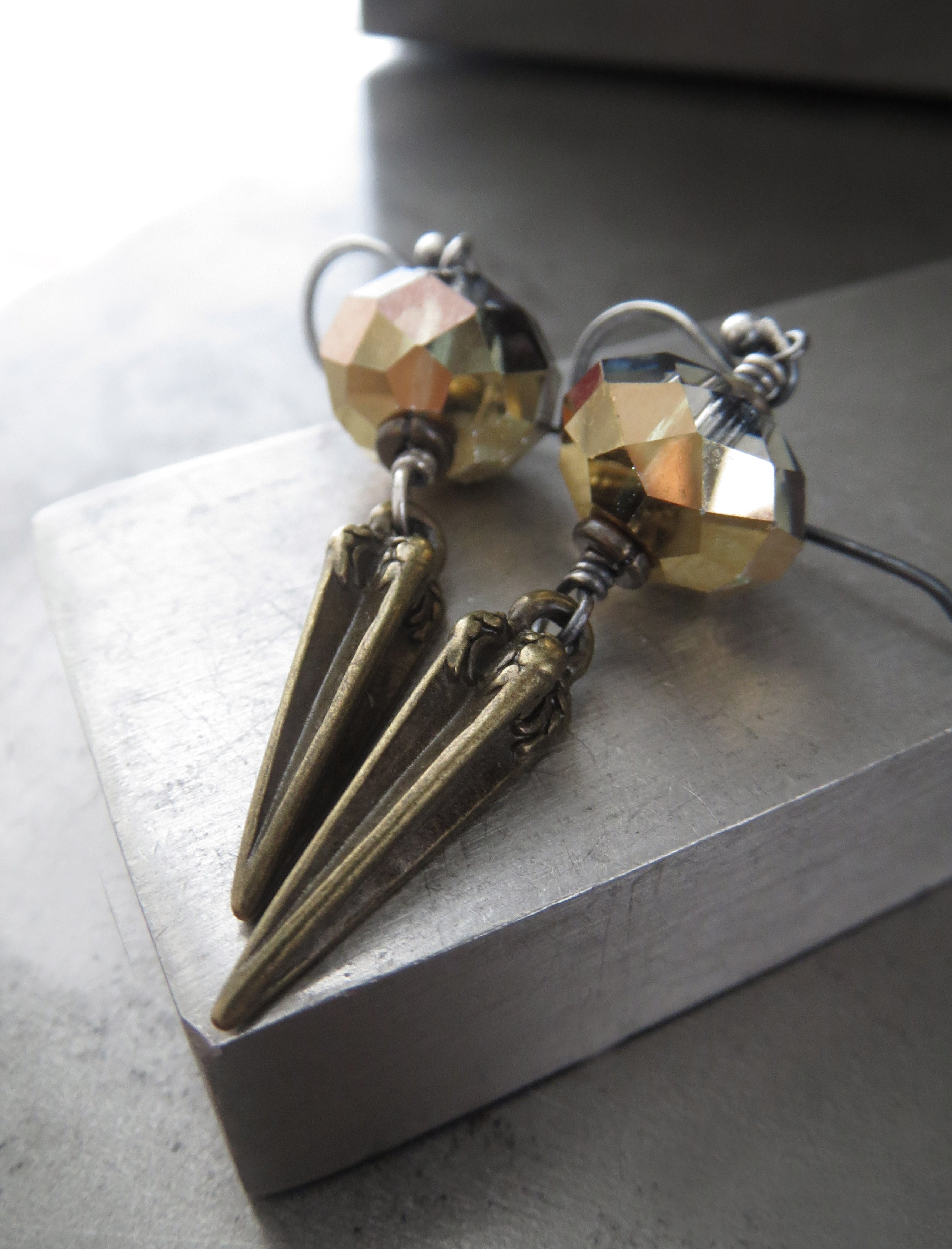 DAGGER - Crystal Earrings with Antique Brass Pointed Spikes