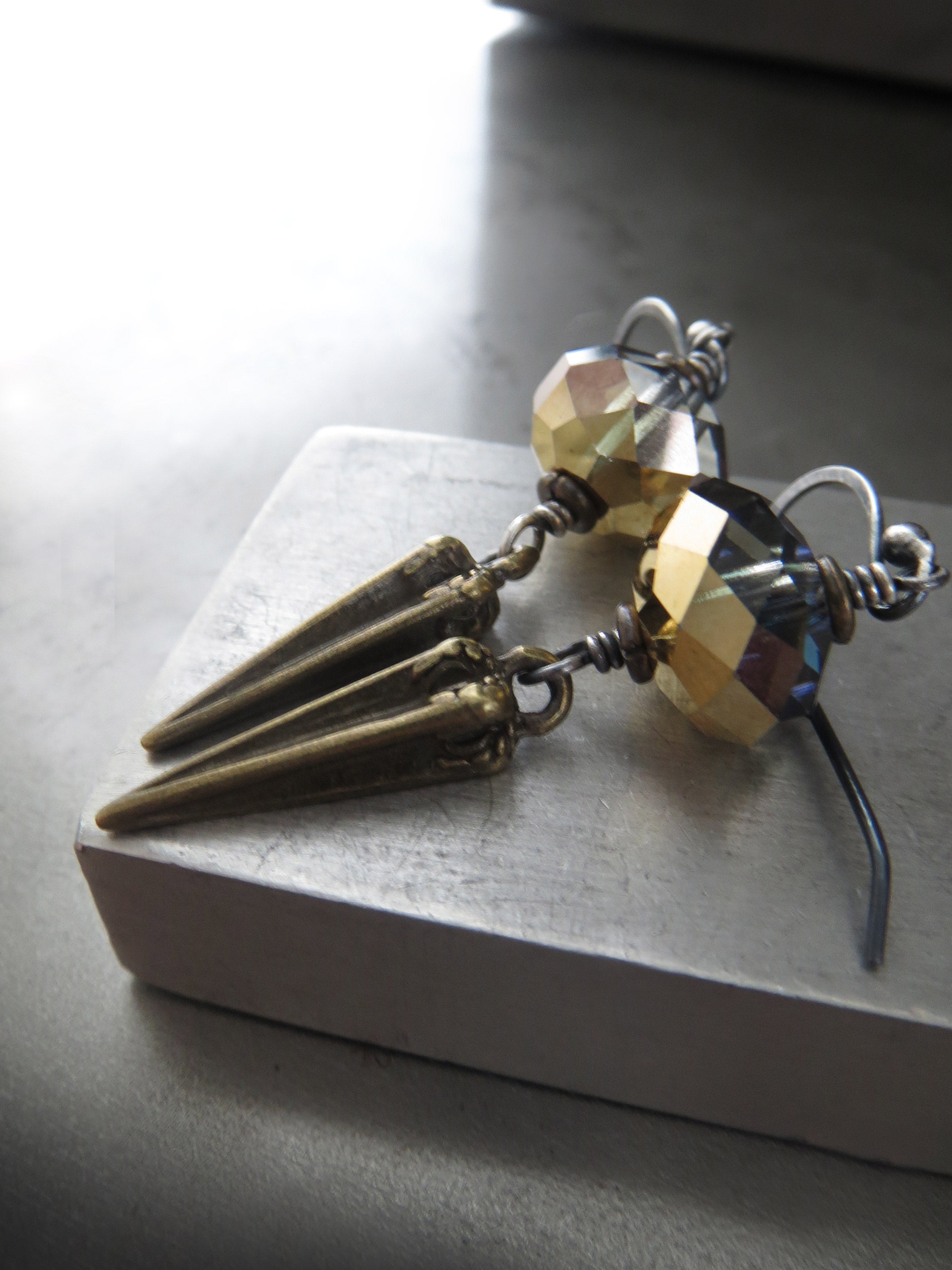 DAGGER - Crystal Earrings with Antique Brass Pointed Spikes