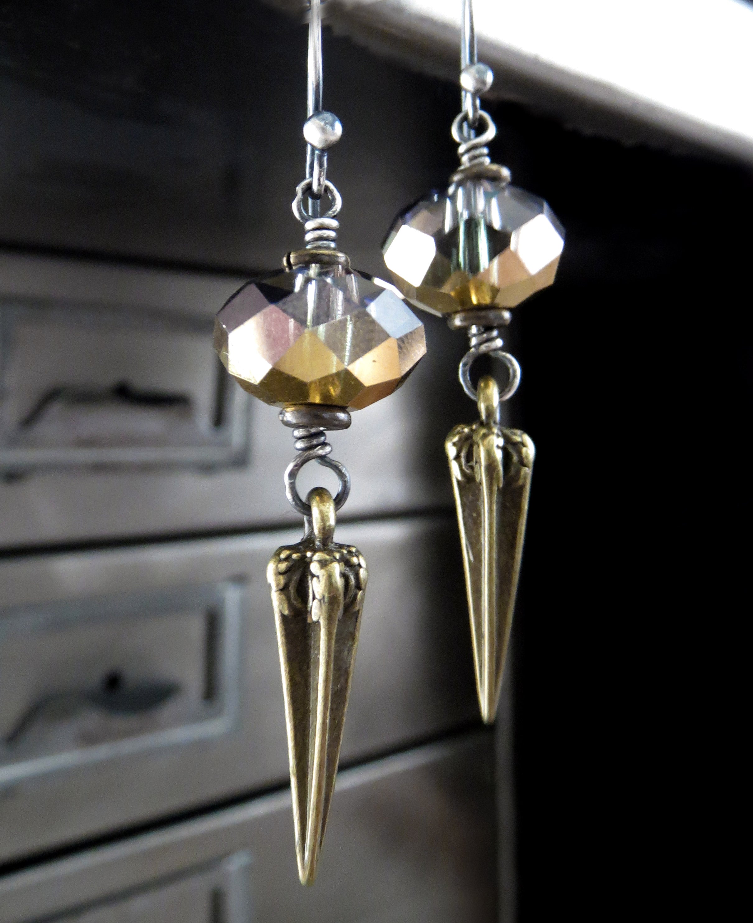 DAGGER - Crystal Earrings with Antique Brass Pointed Spikes