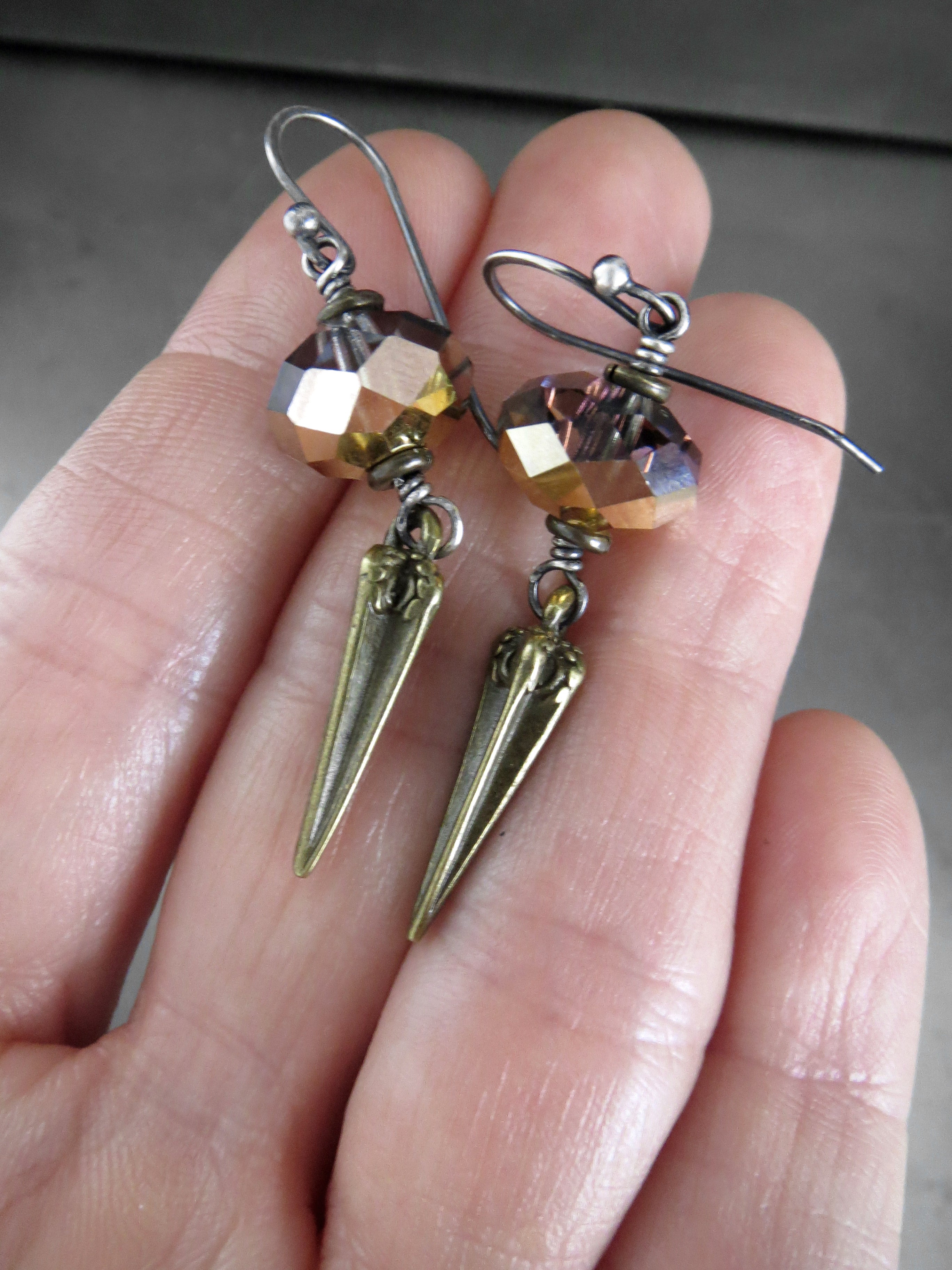 DAGGER - Crystal Earrings with Antique Brass Pointed Spikes