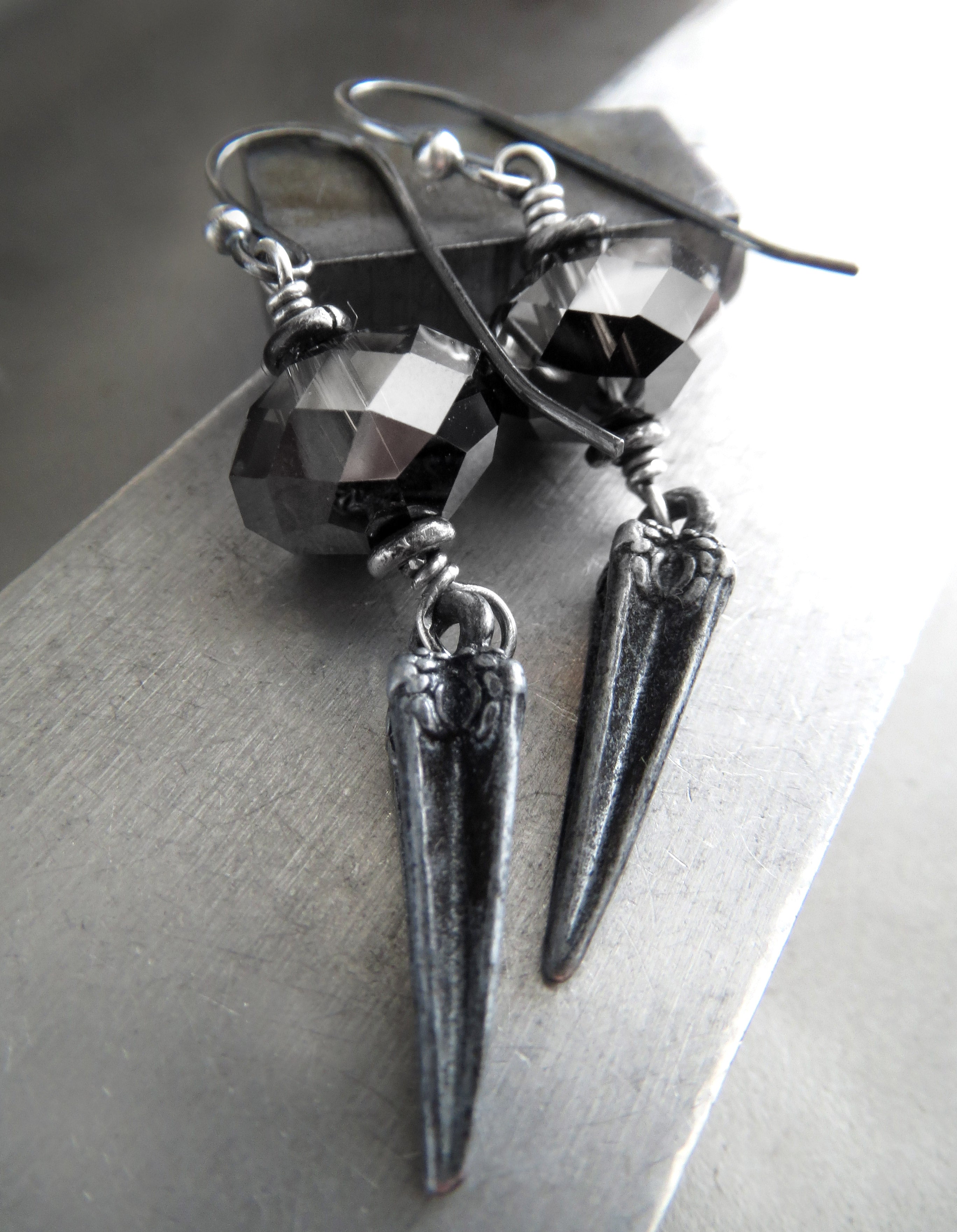 DAGGER - Goth Crystal Earrings with Antique Silver Pointed Spikes