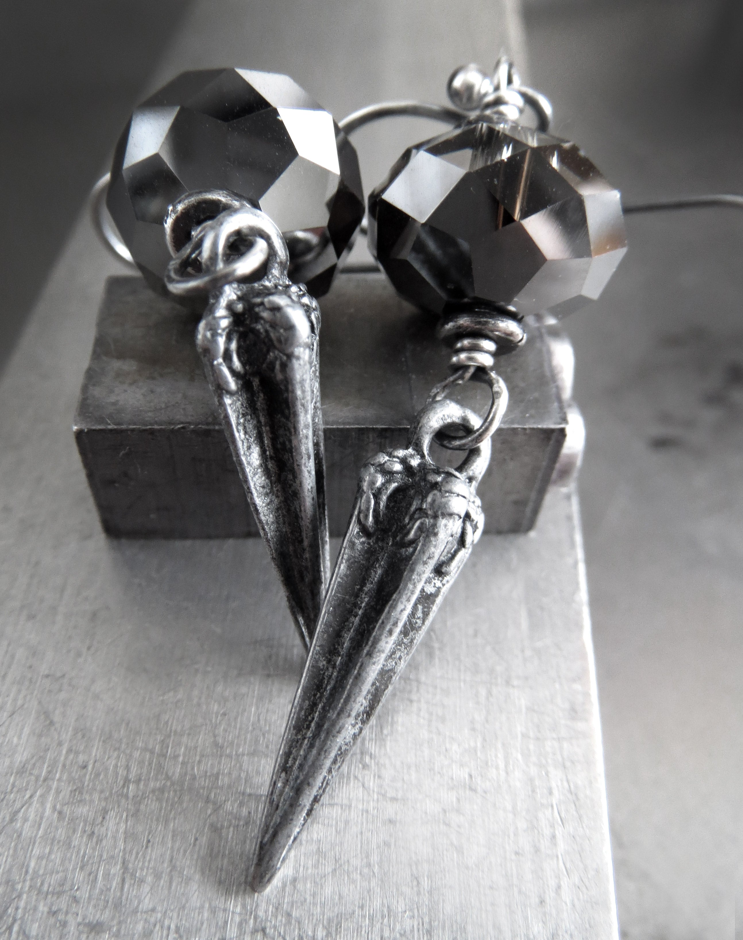 DAGGER - Goth Crystal Earrings with Antique Silver Pointed Spikes