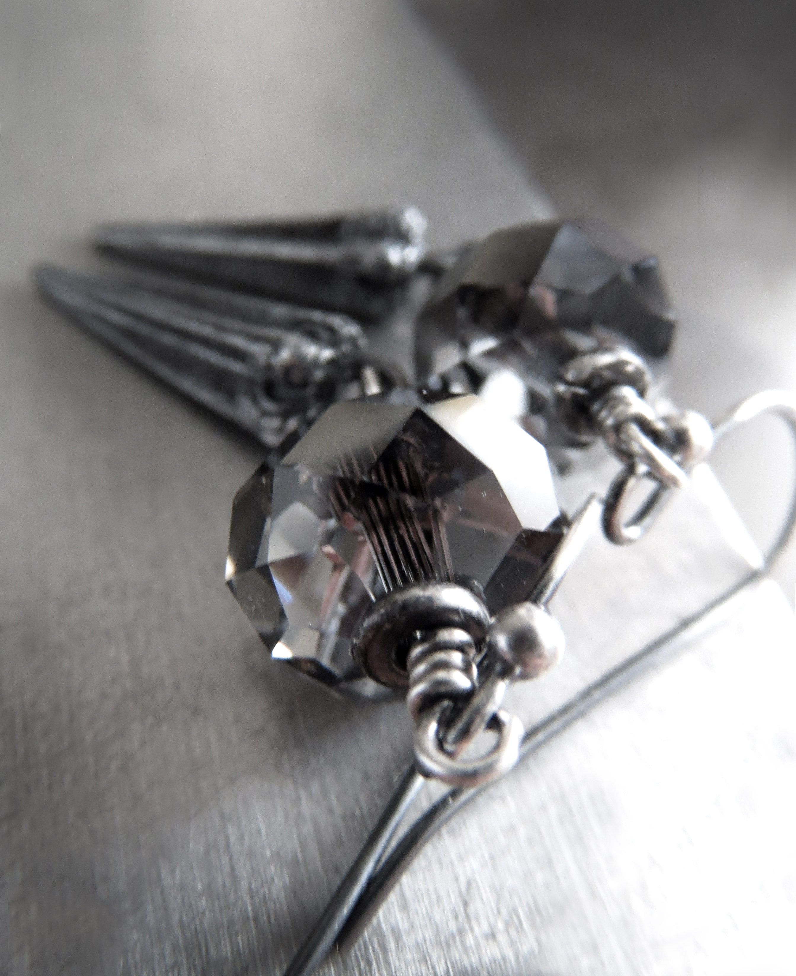 DAGGER - Goth Crystal Earrings with Antique Silver Pointed Spikes