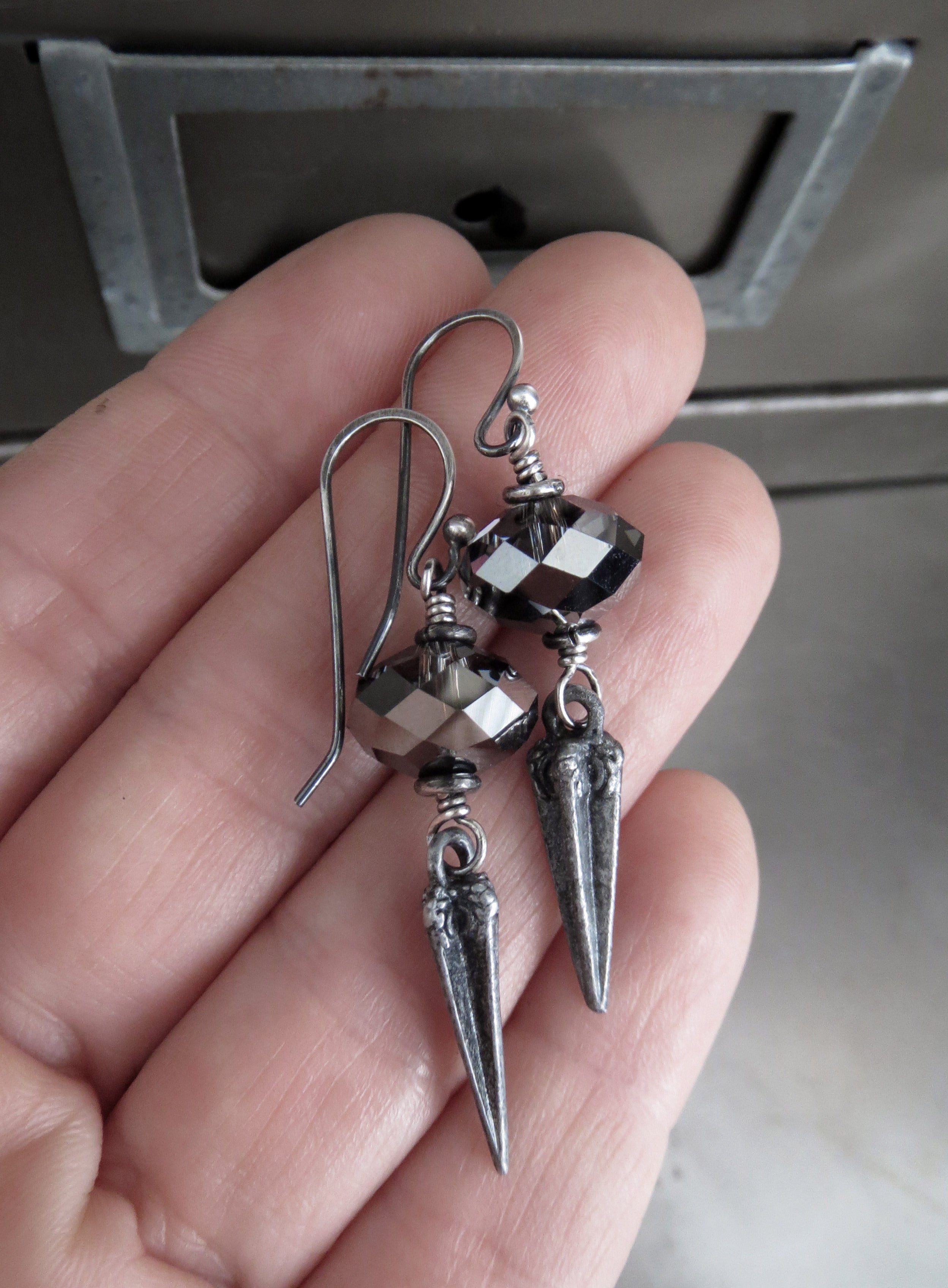 DAGGER - Goth Crystal Earrings with Antique Silver Pointed Spikes