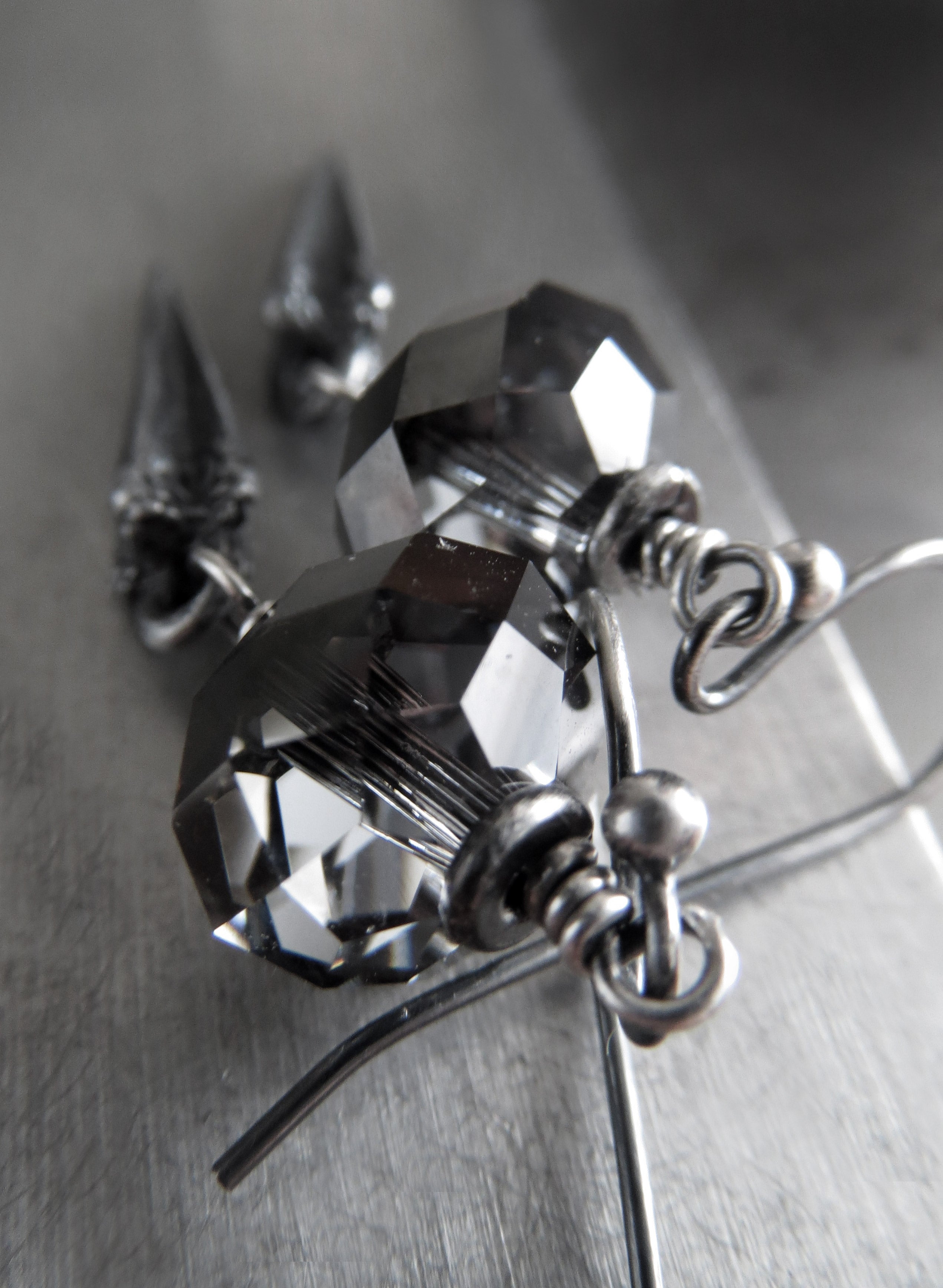 DAGGER - Goth Crystal Earrings with Antique Silver Pointed Spikes