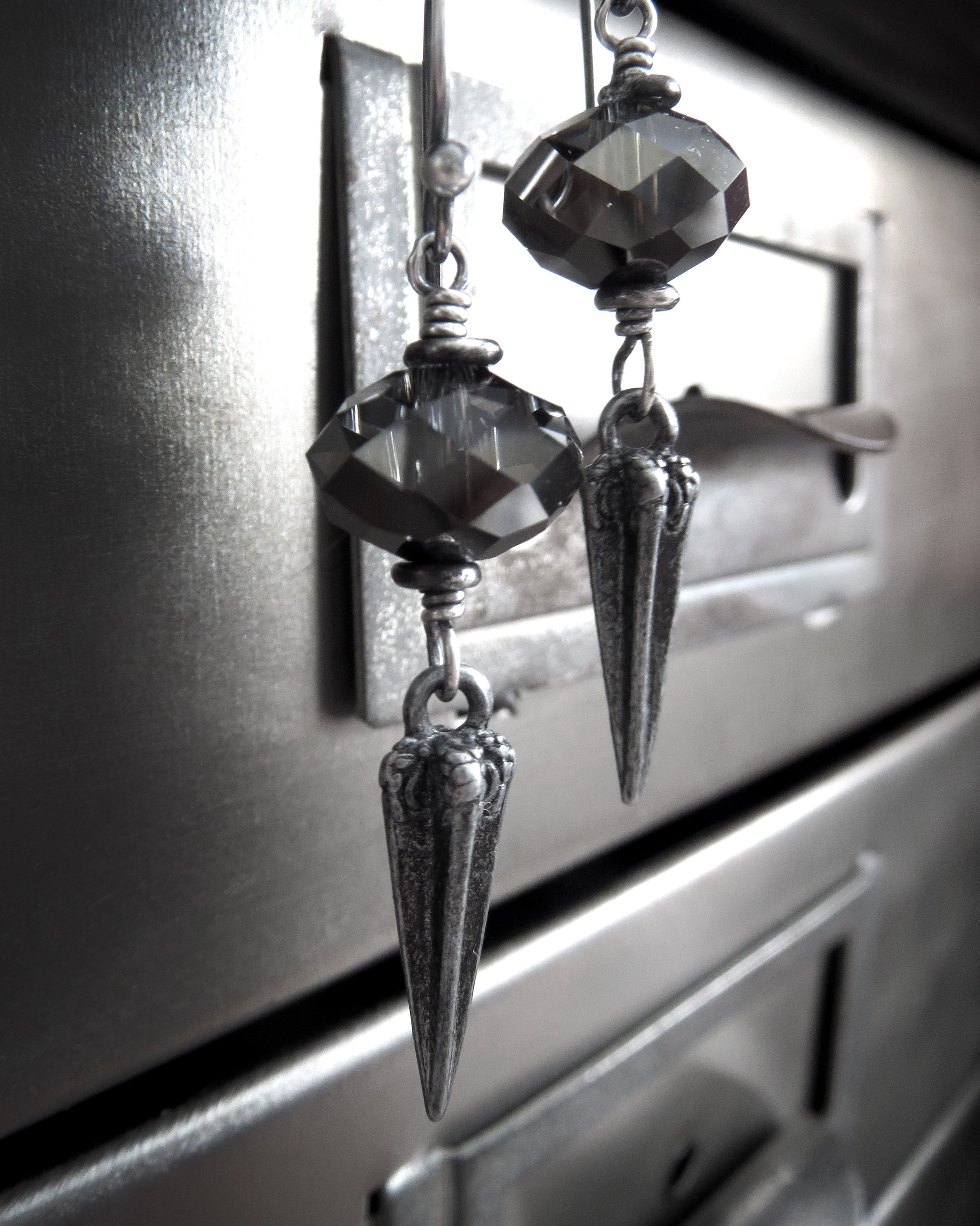 DAGGER - Goth Crystal Earrings with Antique Silver Pointed Spikes