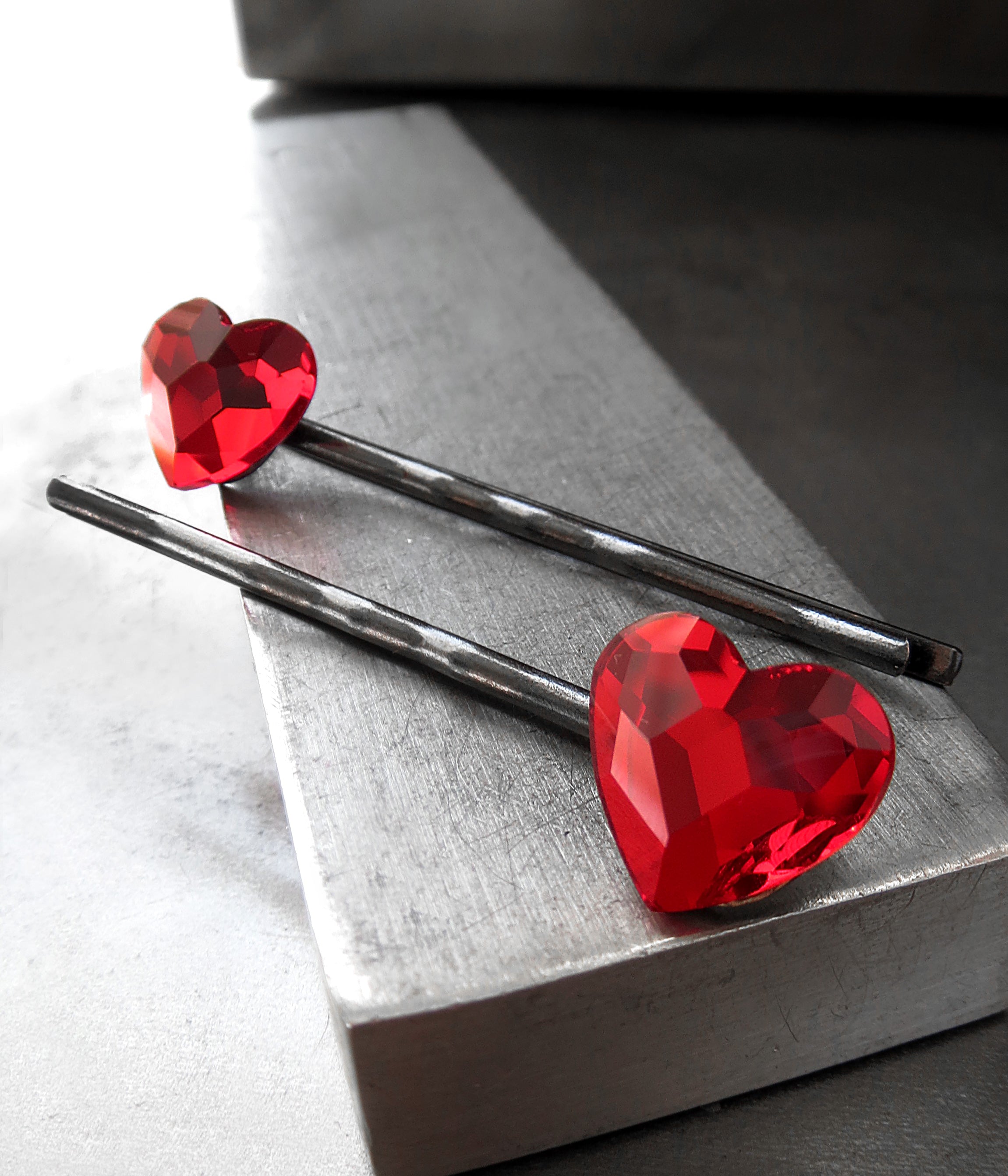Goth Red Heart Bobby Pins with  Crystal - Set of 2
