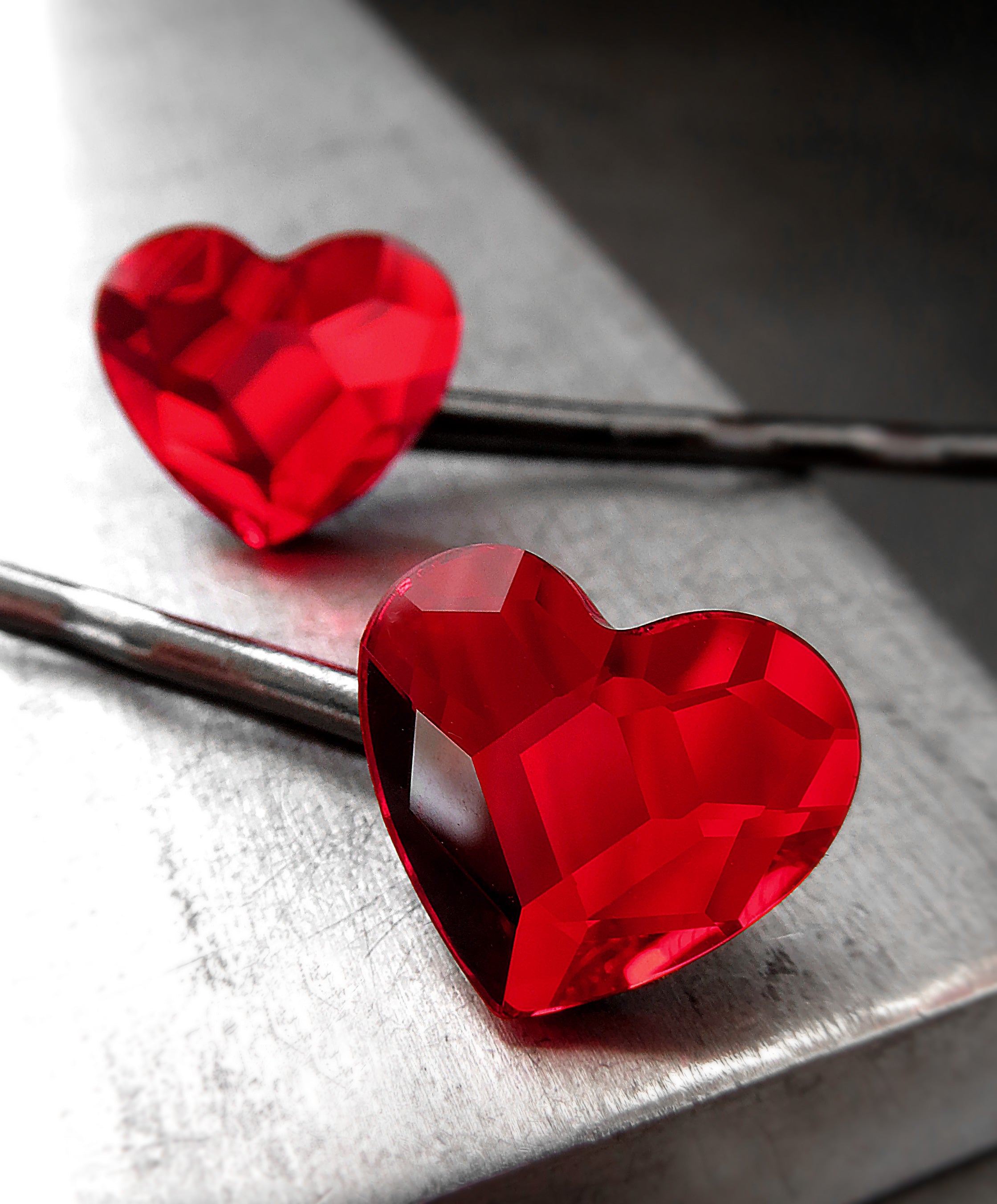 Goth Red Heart Bobby Pins with  Crystal - Set of 2