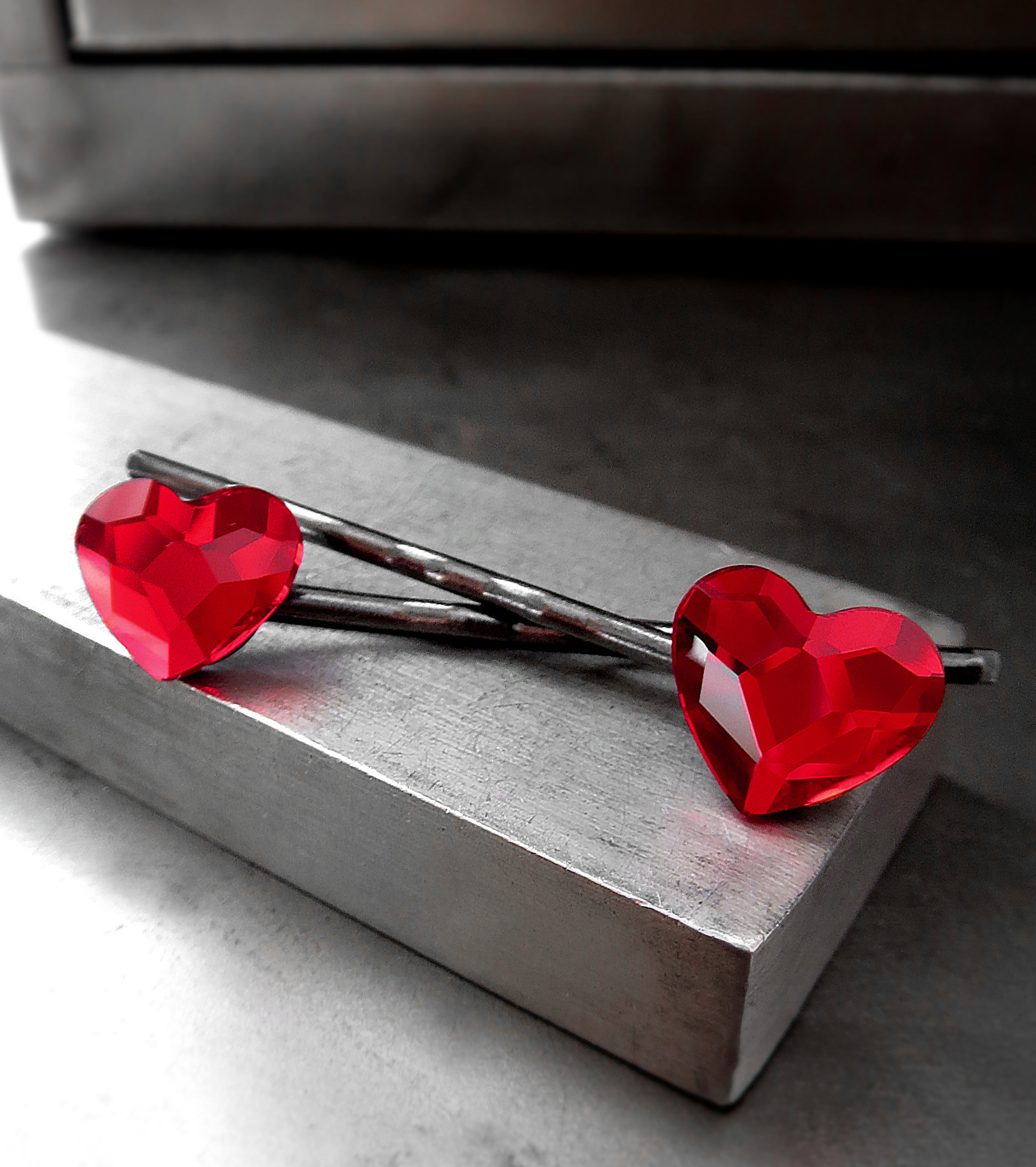 Goth Red Heart Bobby Pins with  Crystal - Set of 2