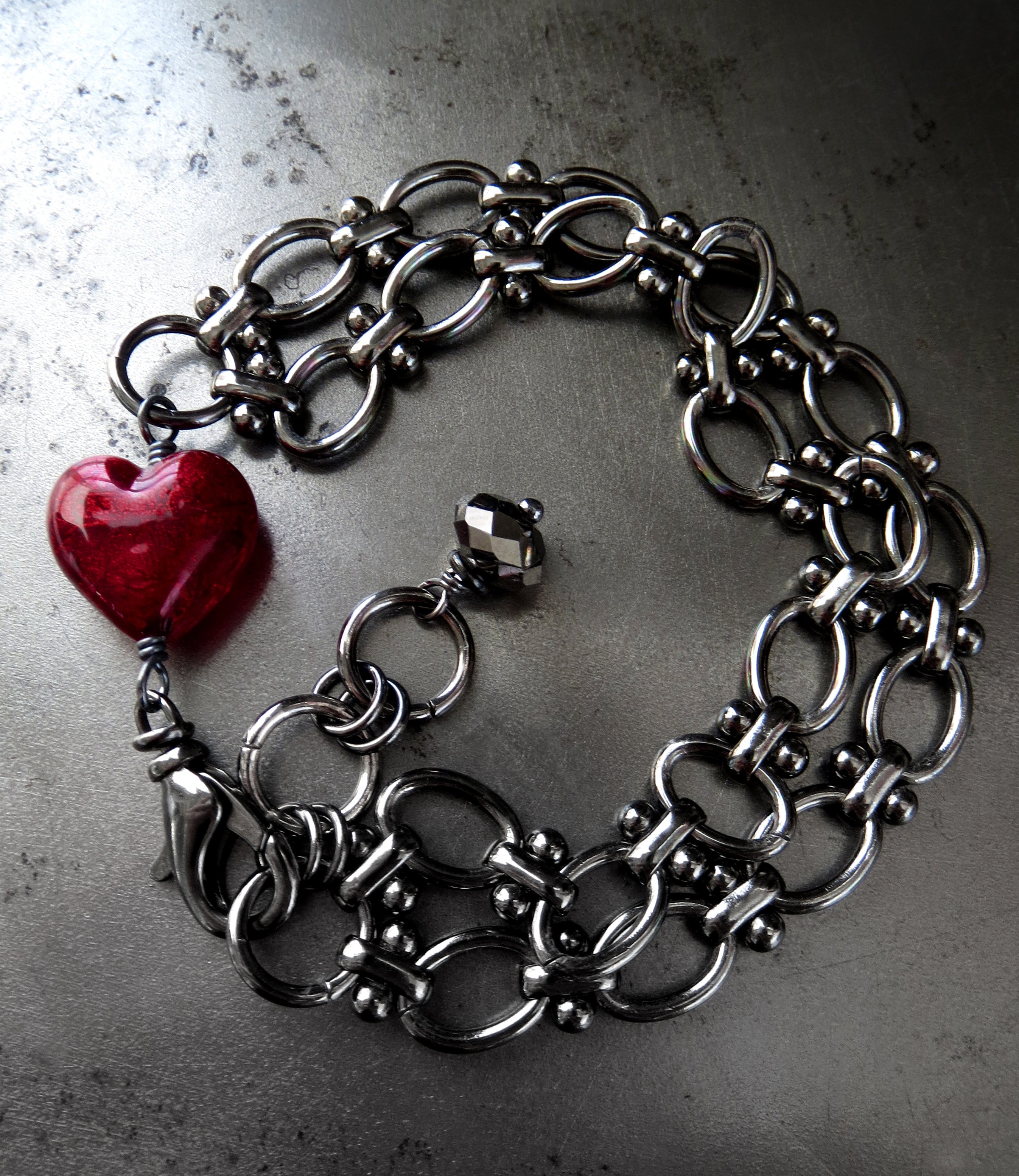 REMINDER - Gothic Deep Red Heart Bracelet with Black Gunmetal Chain