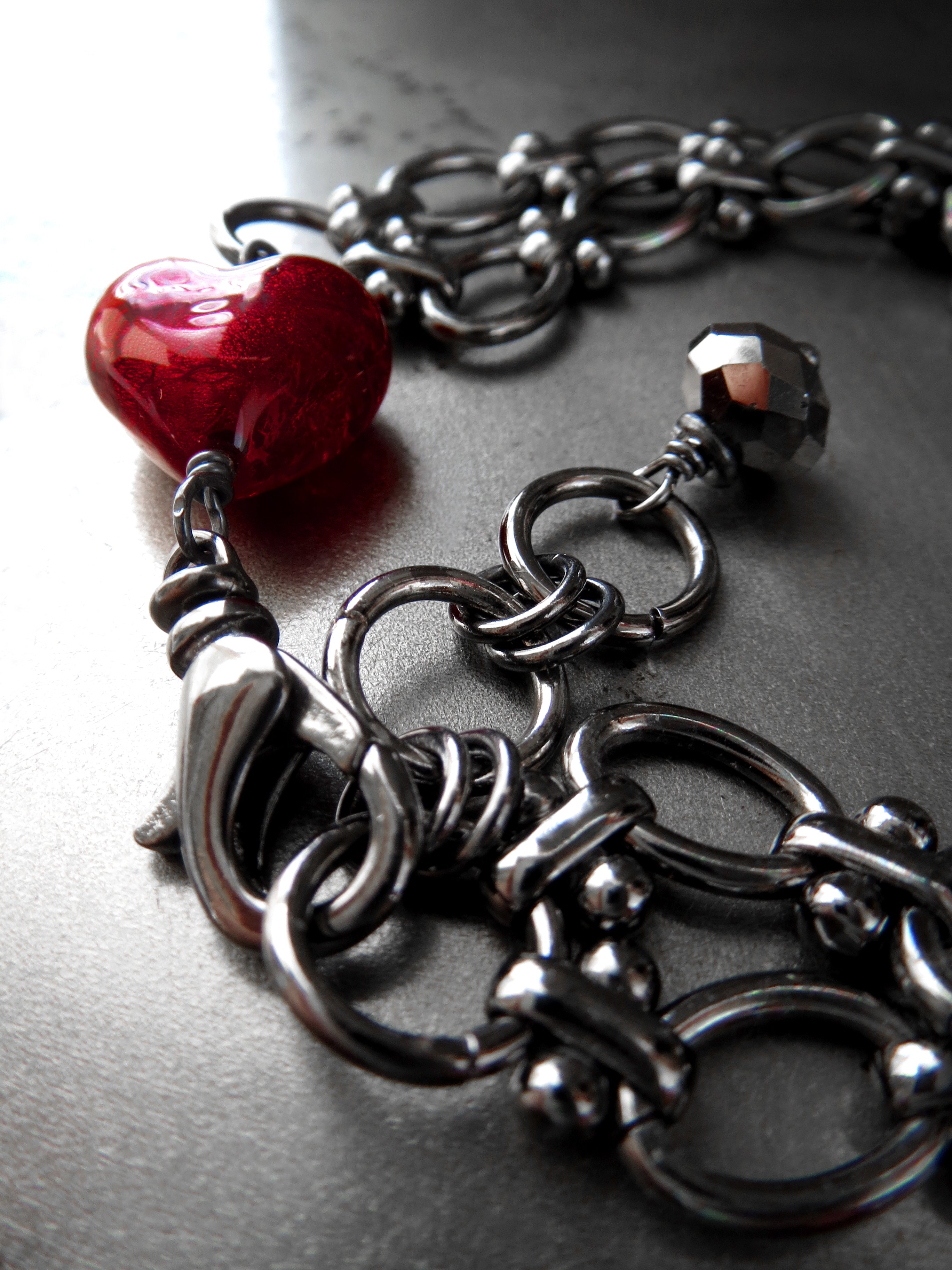 REMINDER - Gothic Deep Red Heart Bracelet with Black Gunmetal Chain