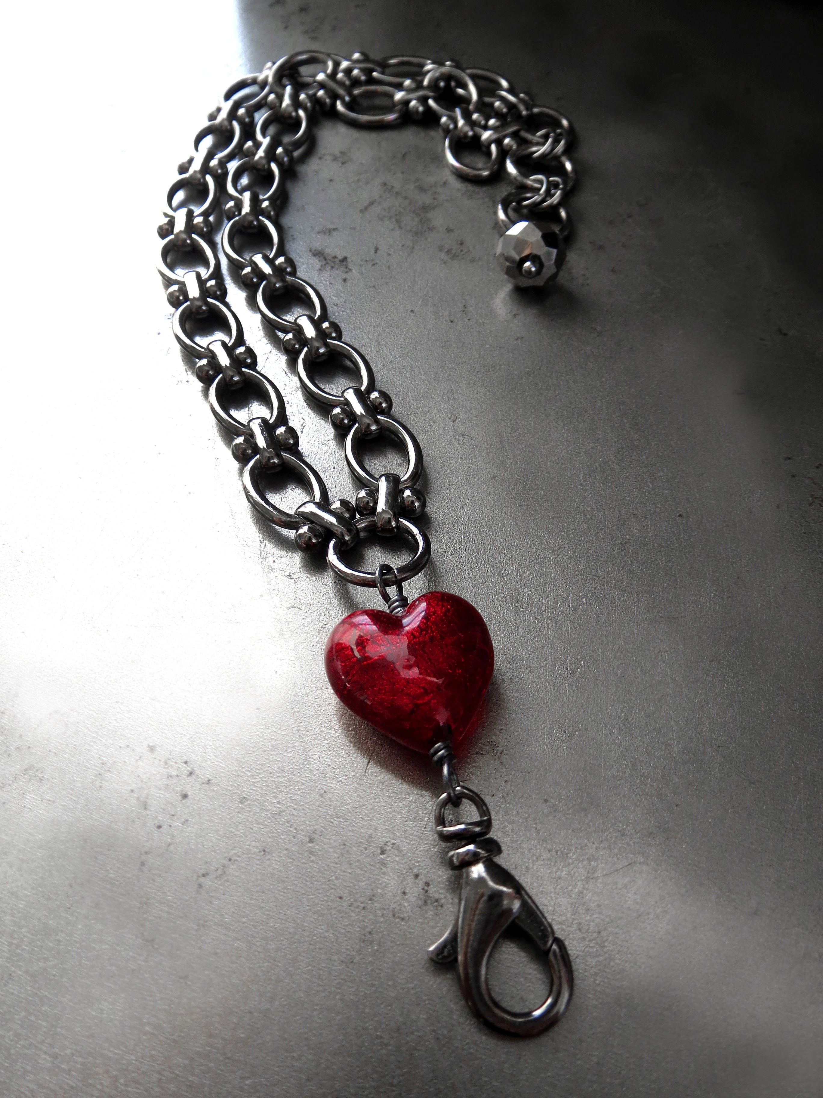 REMINDER - Gothic Deep Red Heart Bracelet with Black Gunmetal Chain