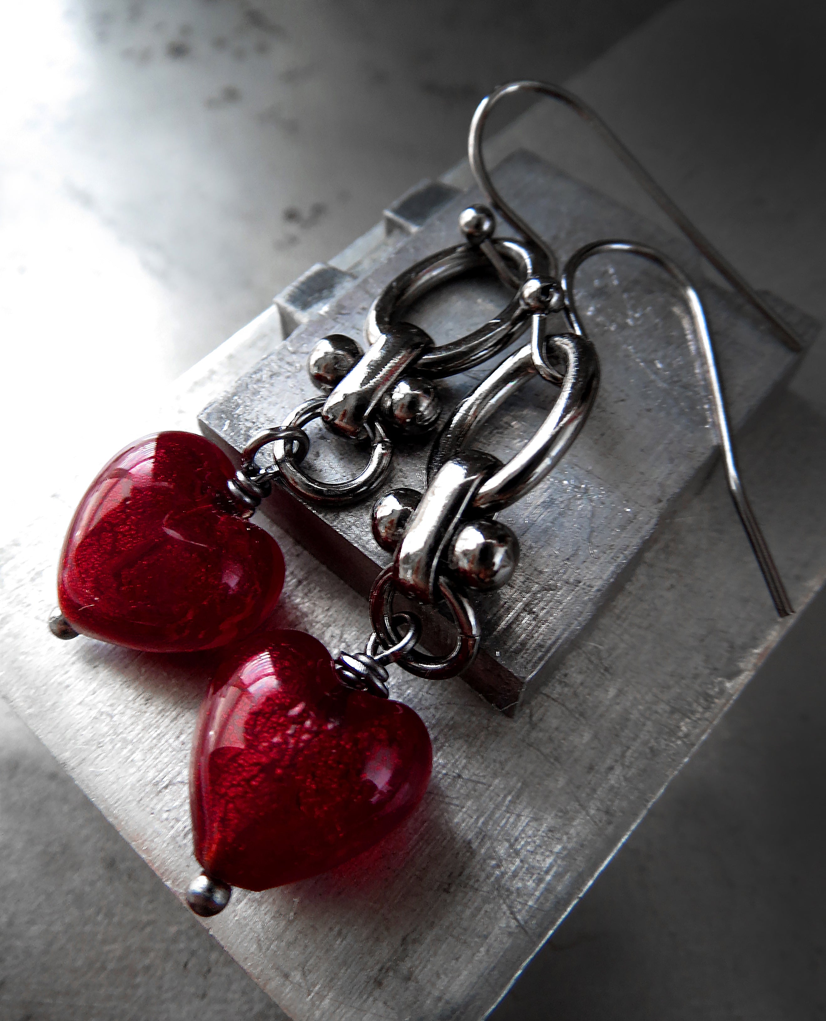 ENRAPTURED - Goth Red Heart Earrings with Black Chain