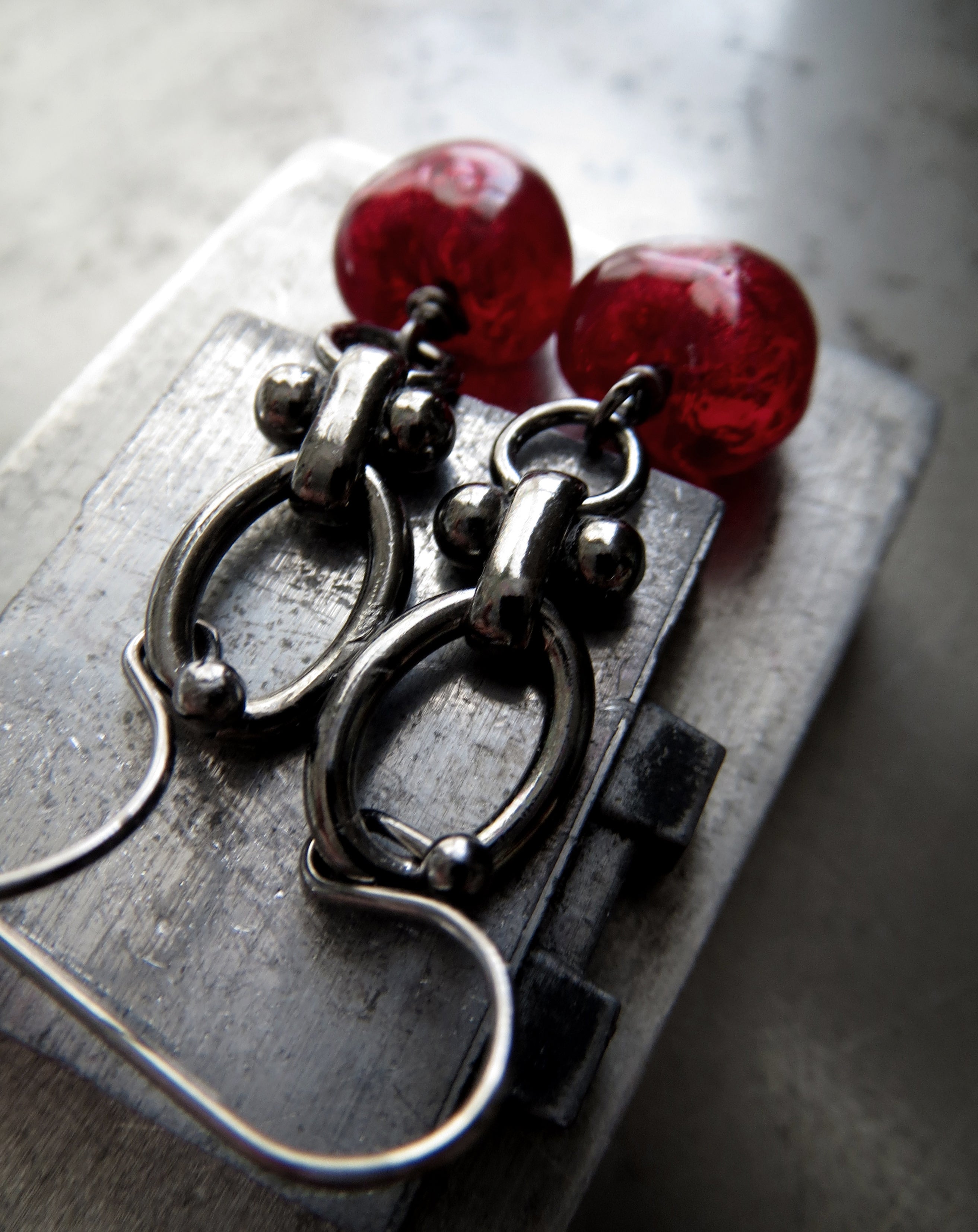 ENRAPTURED - Goth Red Heart Earrings with Black Chain