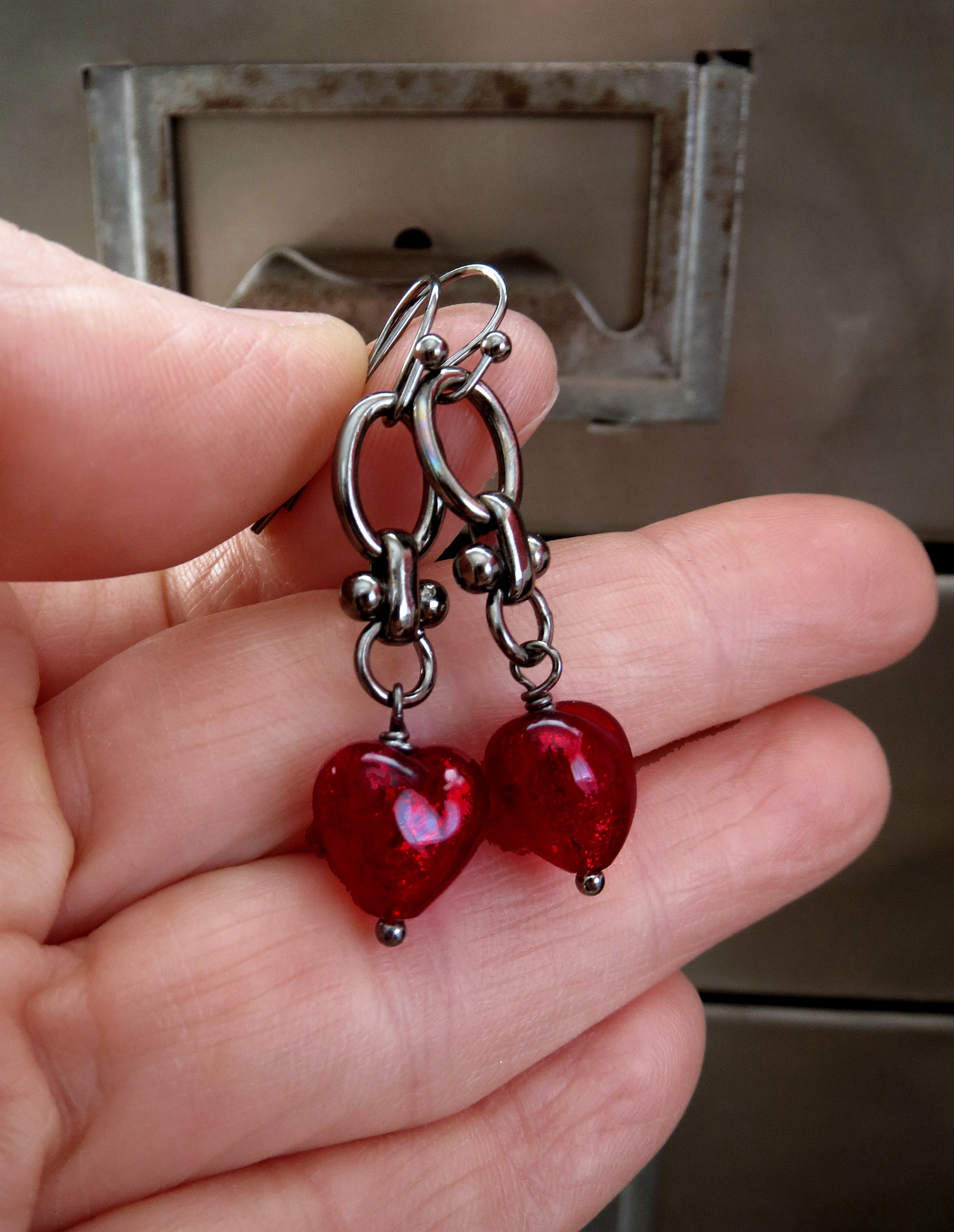 ENRAPTURED - Goth Red Heart Earrings with Black Chain