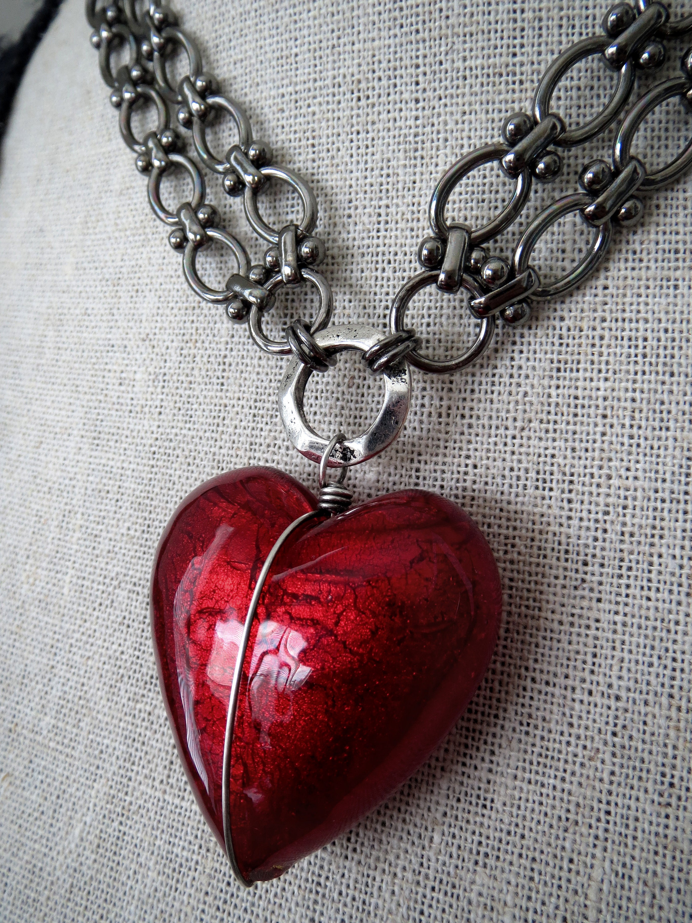 BIG LOVE - Large Red Heart Pendant Necklace with Venetian Glass Heart