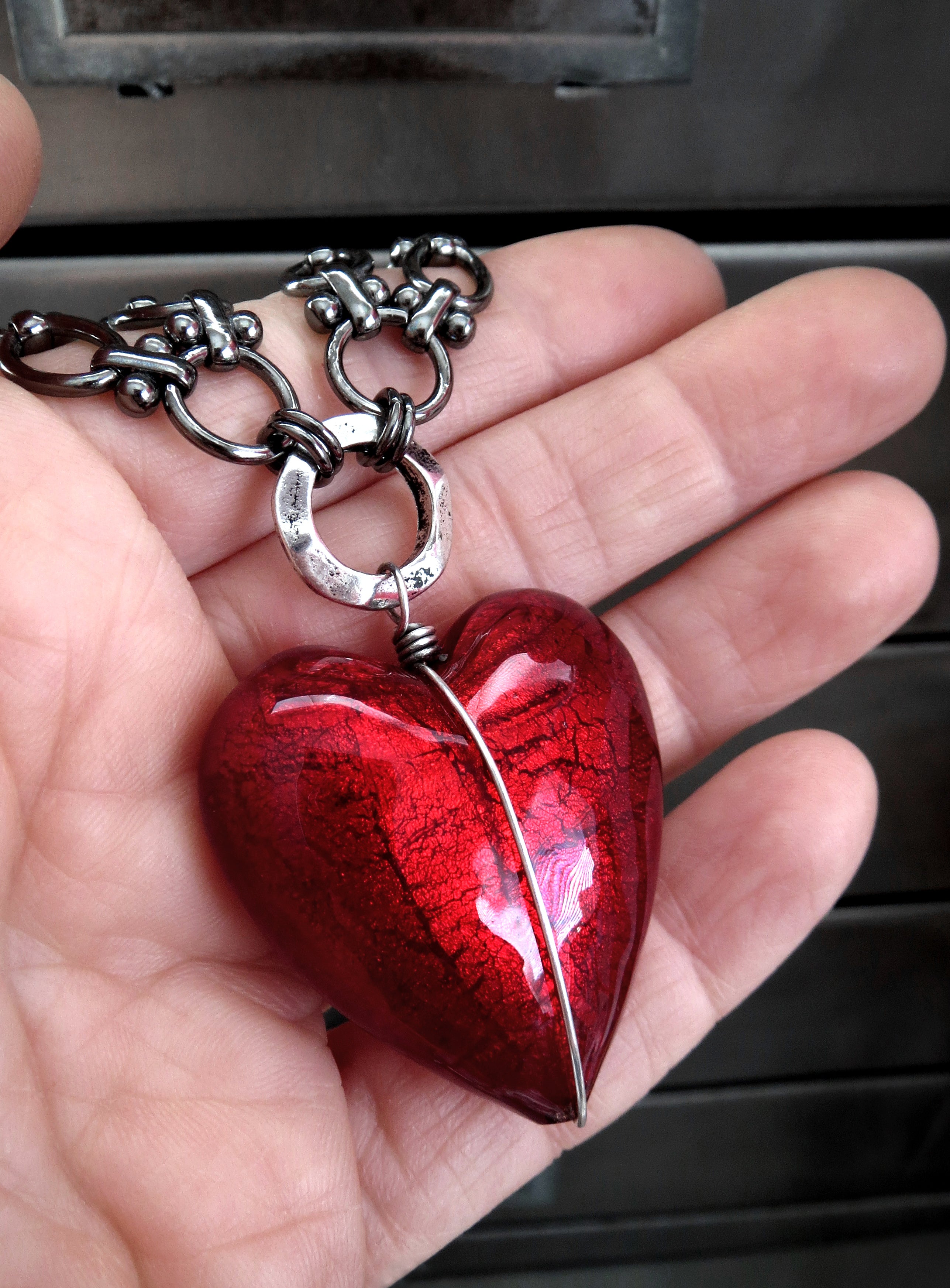 BIG LOVE - Large Red Heart Pendant Necklace with Venetian Glass Heart