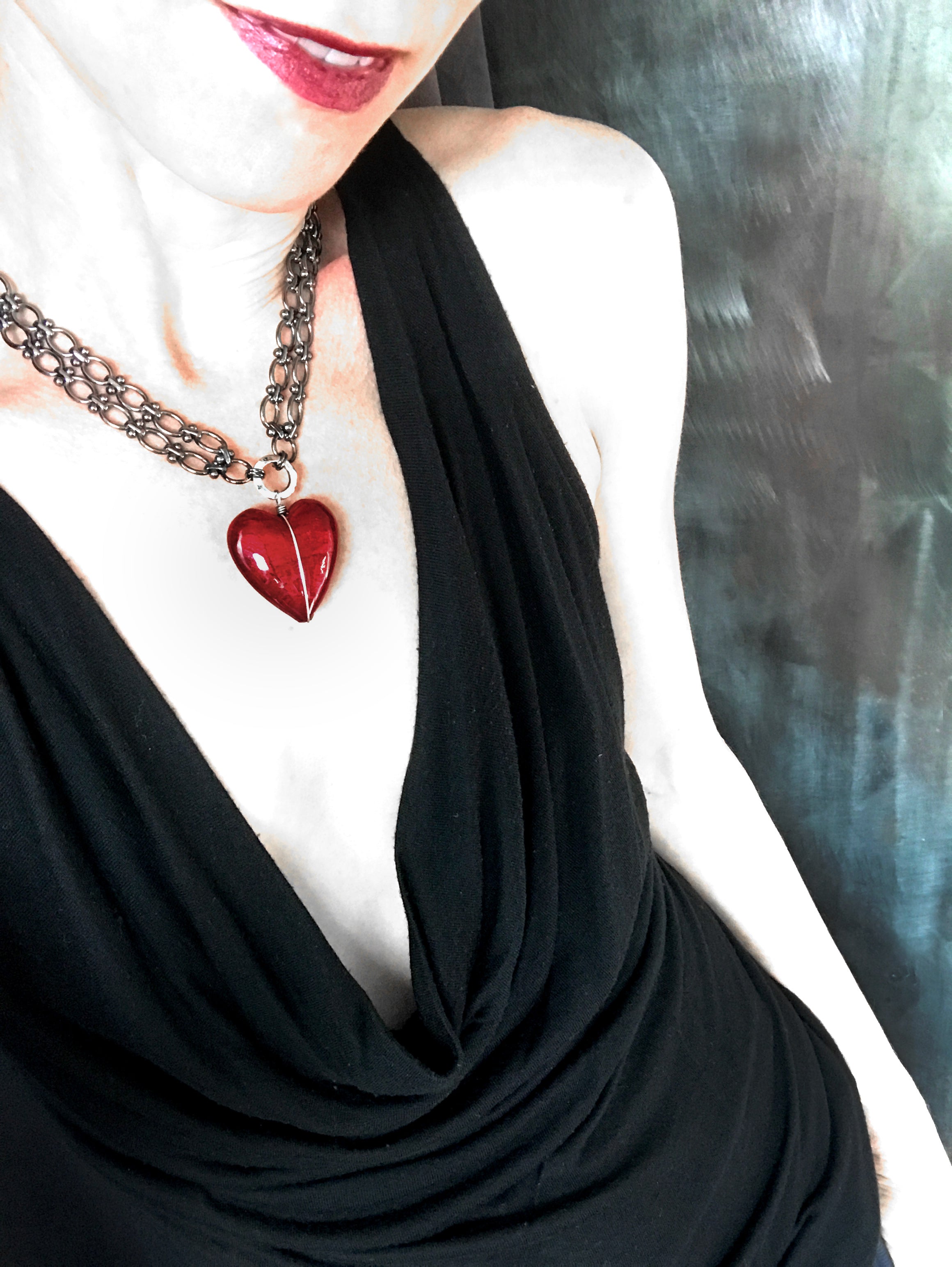 BIG LOVE - Large Red Heart Pendant Necklace with Venetian Glass Heart