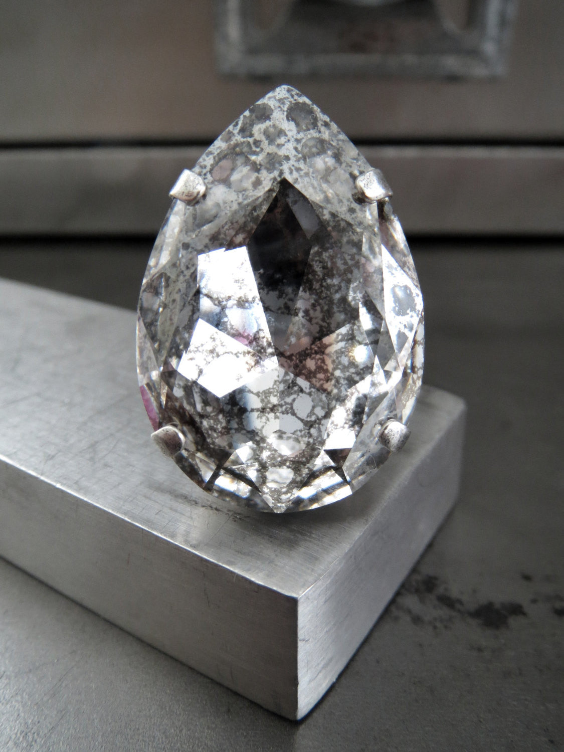 BEWITCHED - Large Modern Teardrop Silver Patina Crystal Ring