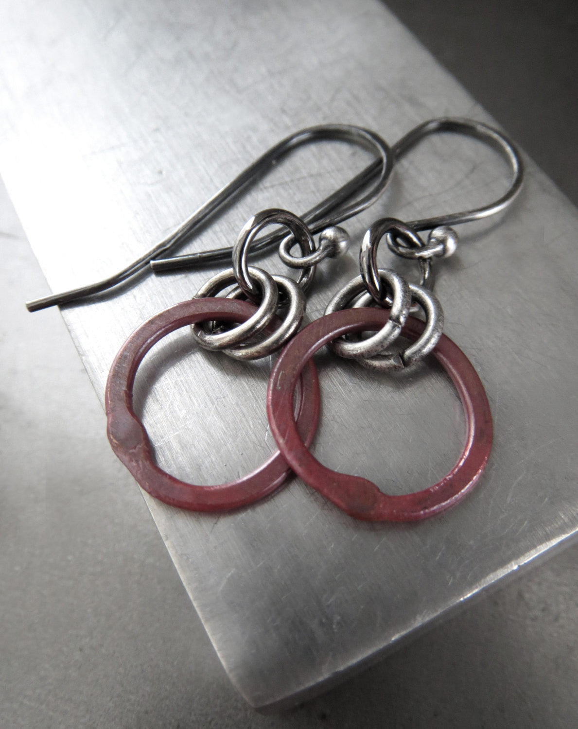 Rustic Muted Red Circle Earrings with Antiqued Silver