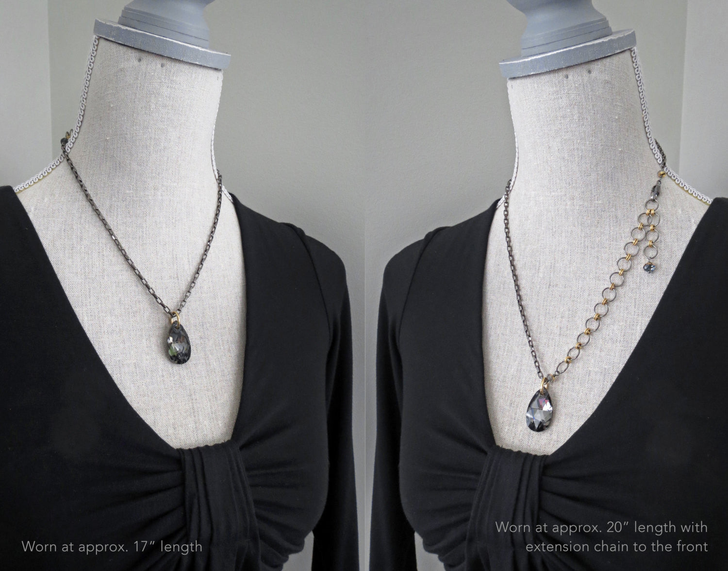 Black Night Crystal Teardrop Pendant Necklace with Gold Accents