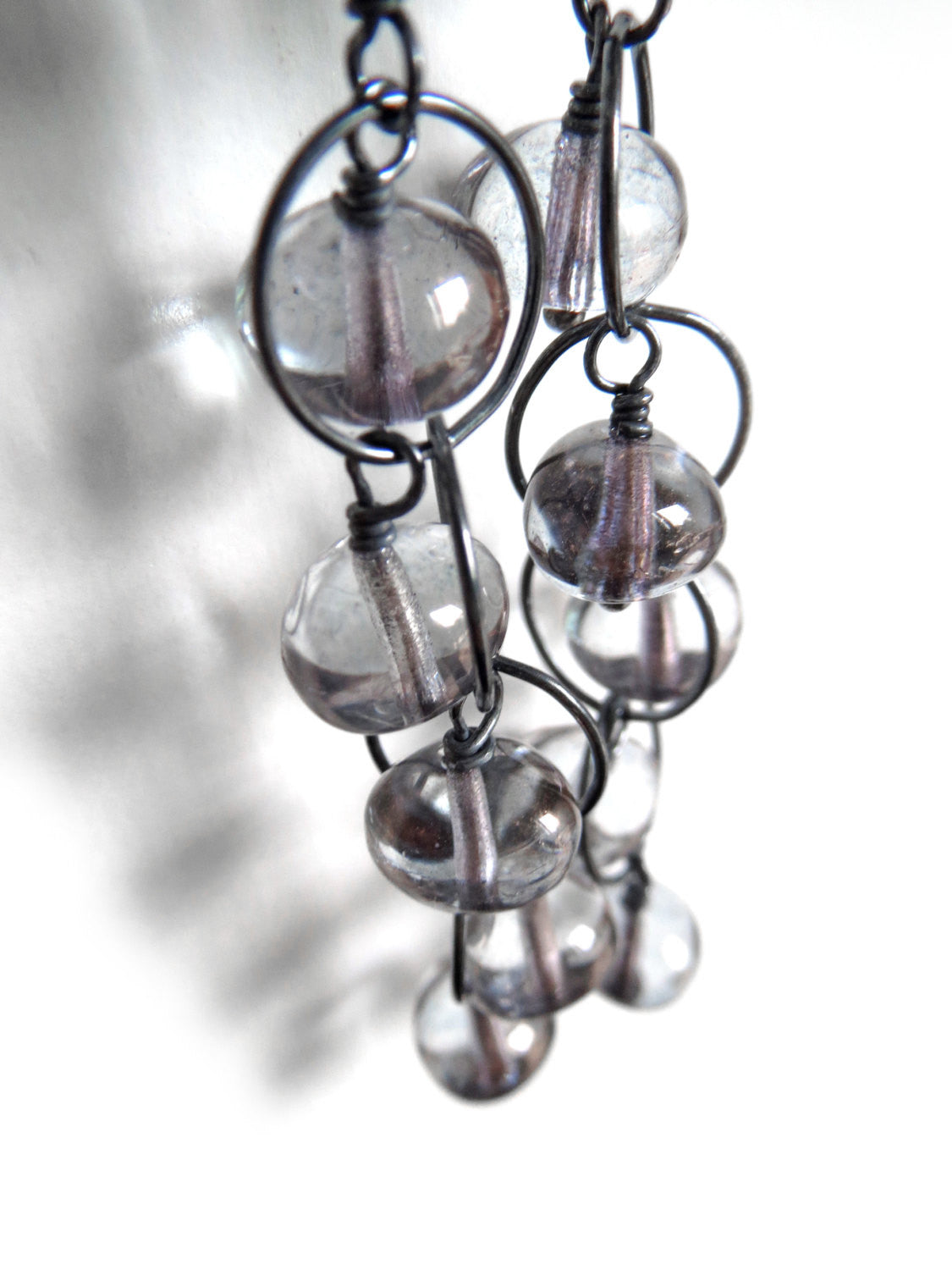 LITTLE ORBS - Soft Grey Glass Drop Earrings on Oxidized Silver Chain