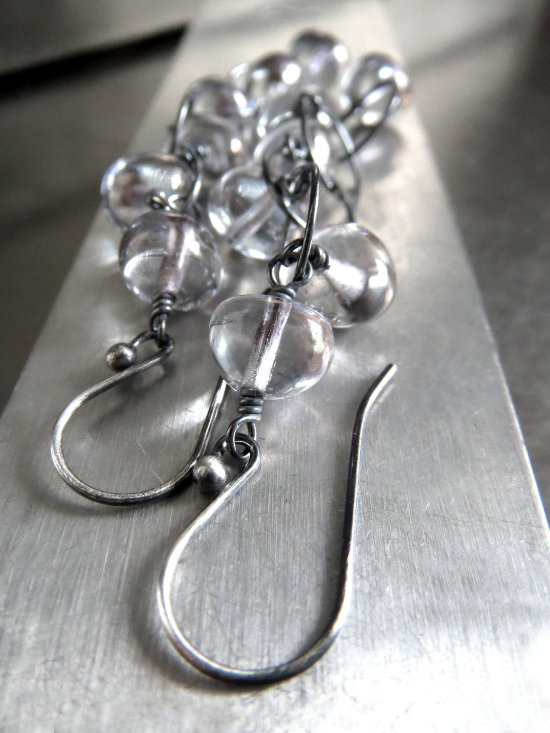 LITTLE ORBS - Soft Grey Glass Drop Earrings on Oxidized Silver Chain