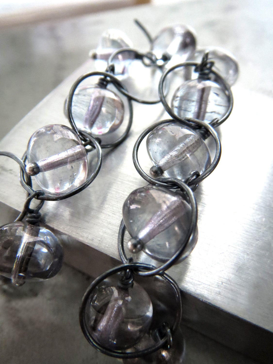 LITTLE ORBS - Soft Grey Glass Drop Earrings on Oxidized Silver Chain