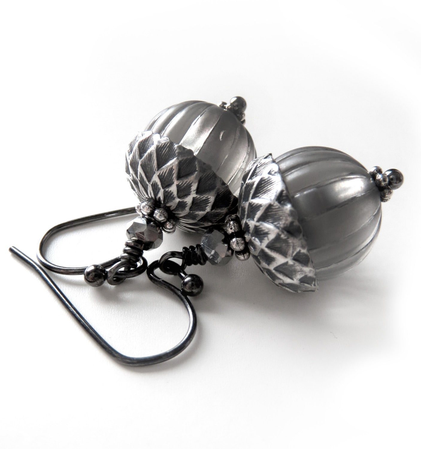 Silver Acorn Earrings with Grey Vintage Beads