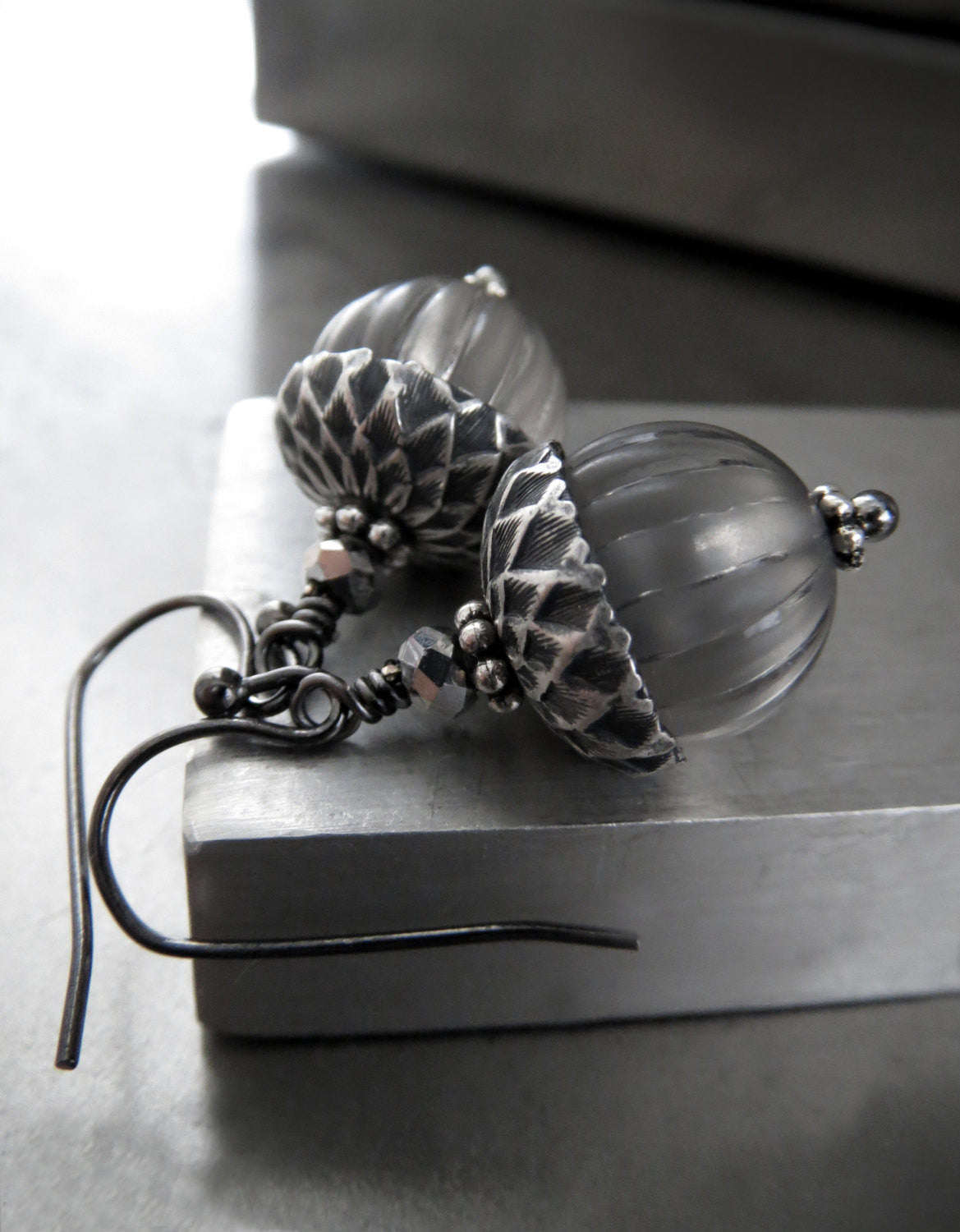 Silver Acorn Earrings with Grey Vintage Beads