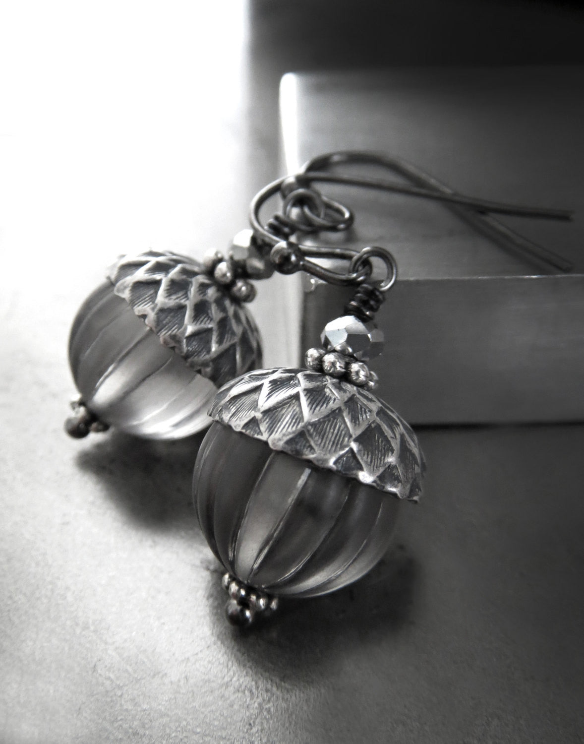 Silver Acorn Earrings with Grey Vintage Beads