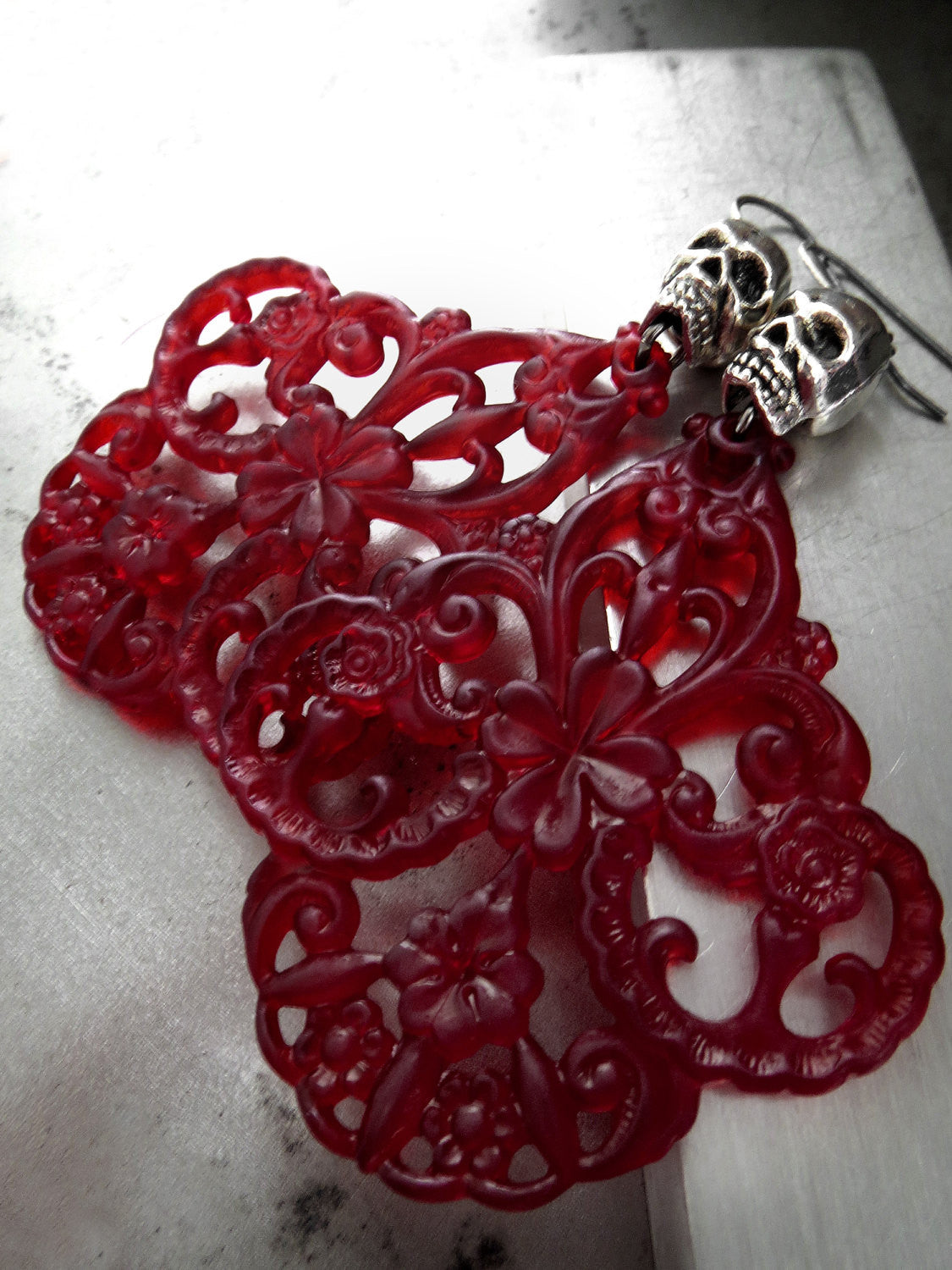 WICKED - Blood Red Chandelier Earrings with Silver Skulls