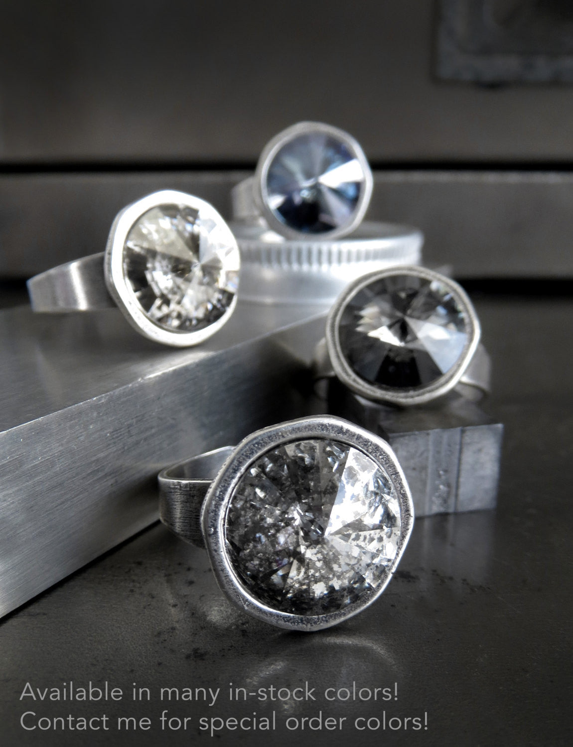 MERCURY MOON - Silver Patina Crystal Rivoli Ring