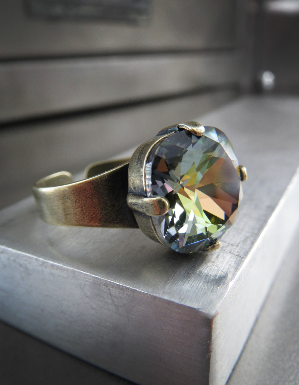 MIST + MOSS - Earthy Crystal Ring with Antiqued Brass