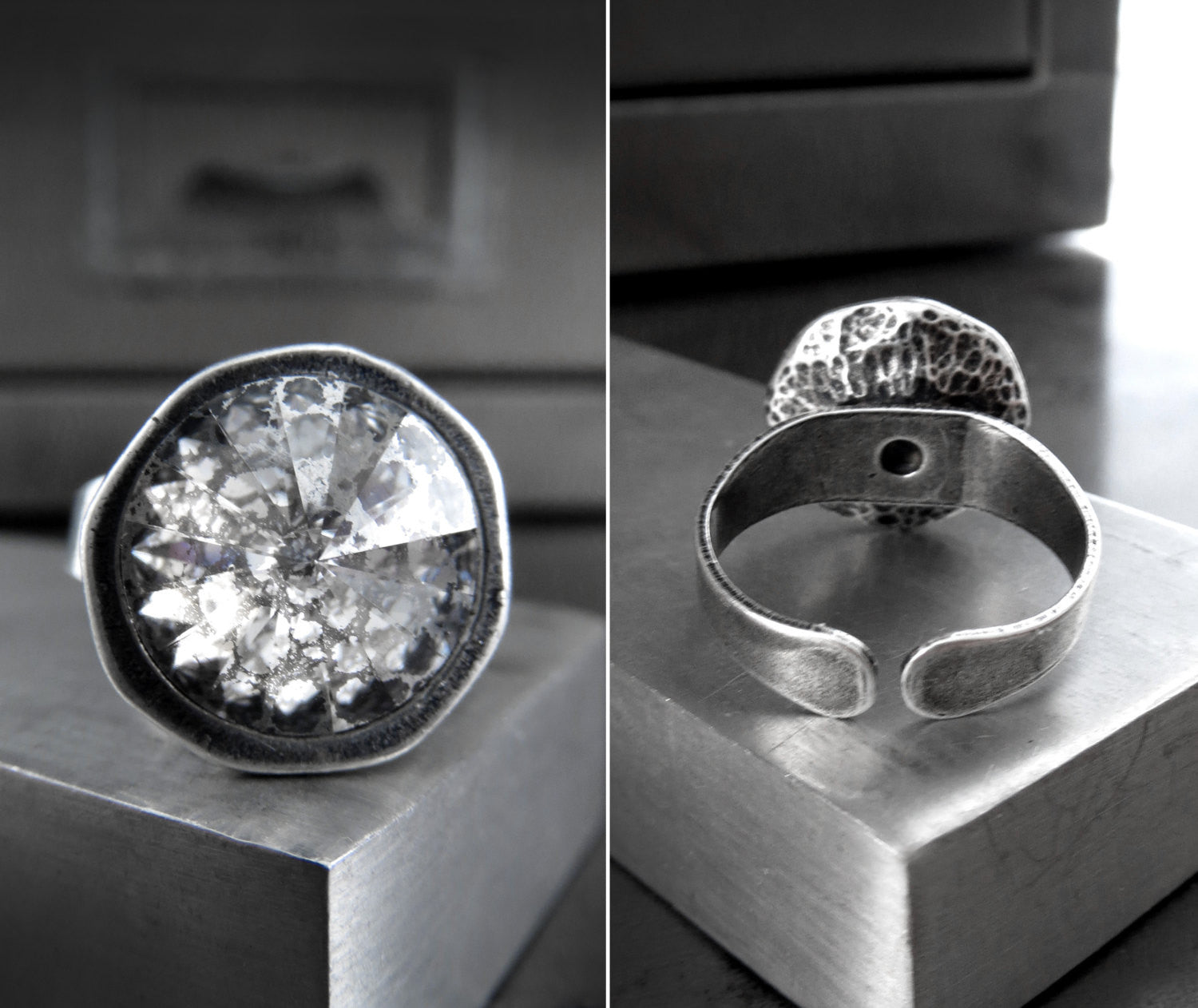 MERCURY MOON - Silver Patina Crystal Rivoli Ring