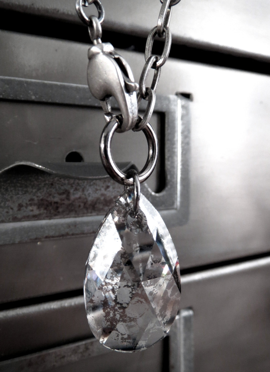 DISTRESSED -  Crystal Silver Patina Teardrop Necklace