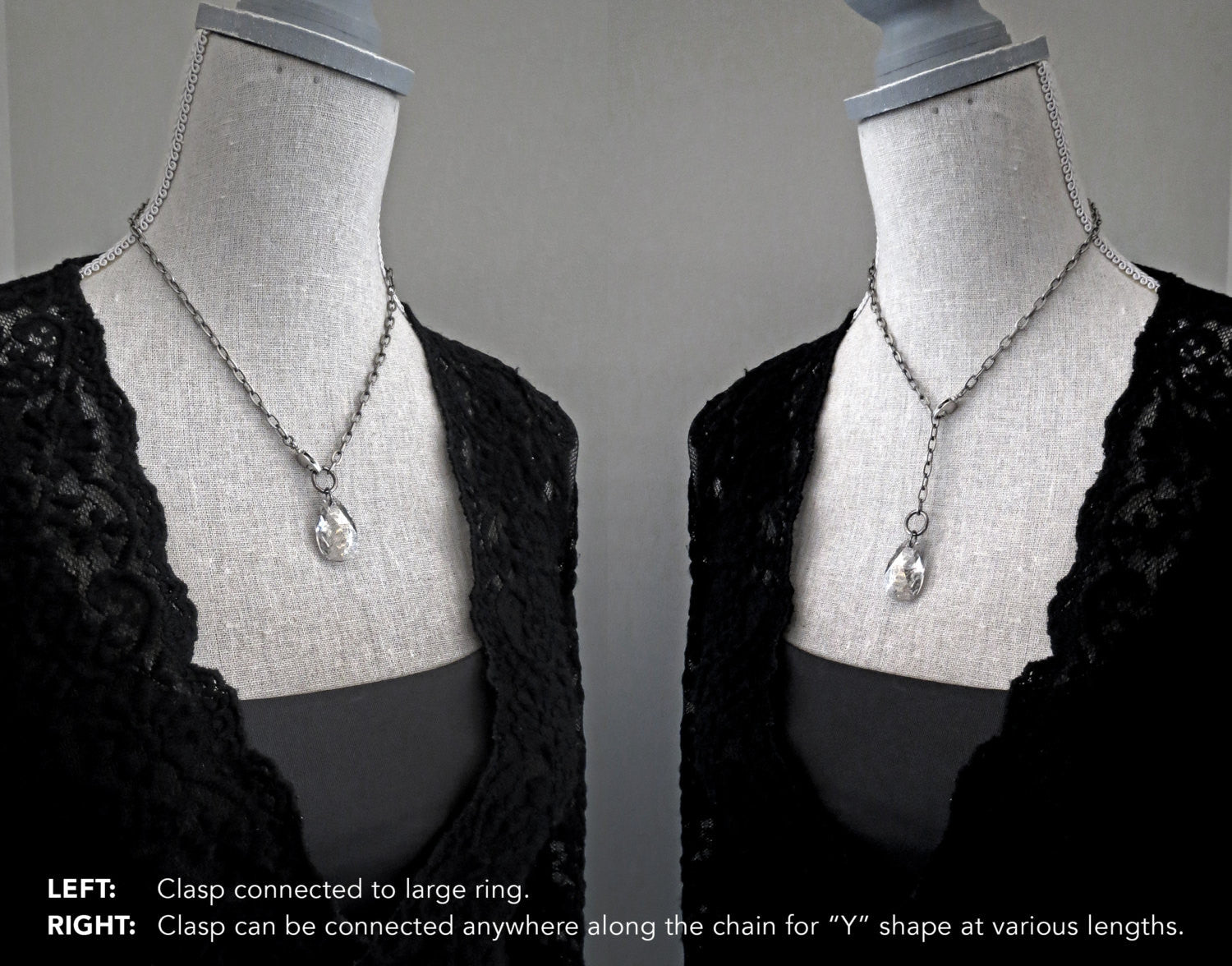 DISTRESSED -  Crystal Silver Patina Teardrop Necklace