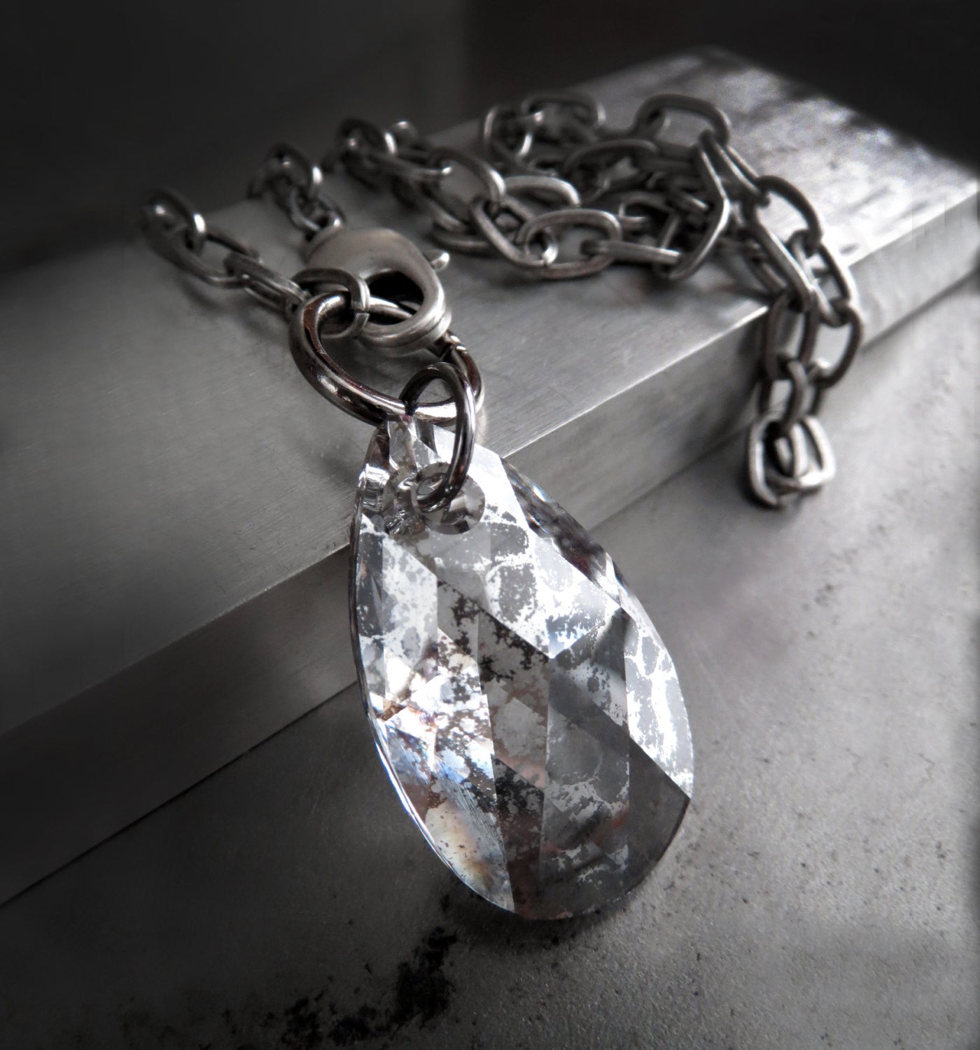 DISTRESSED -  Crystal Silver Patina Teardrop Necklace