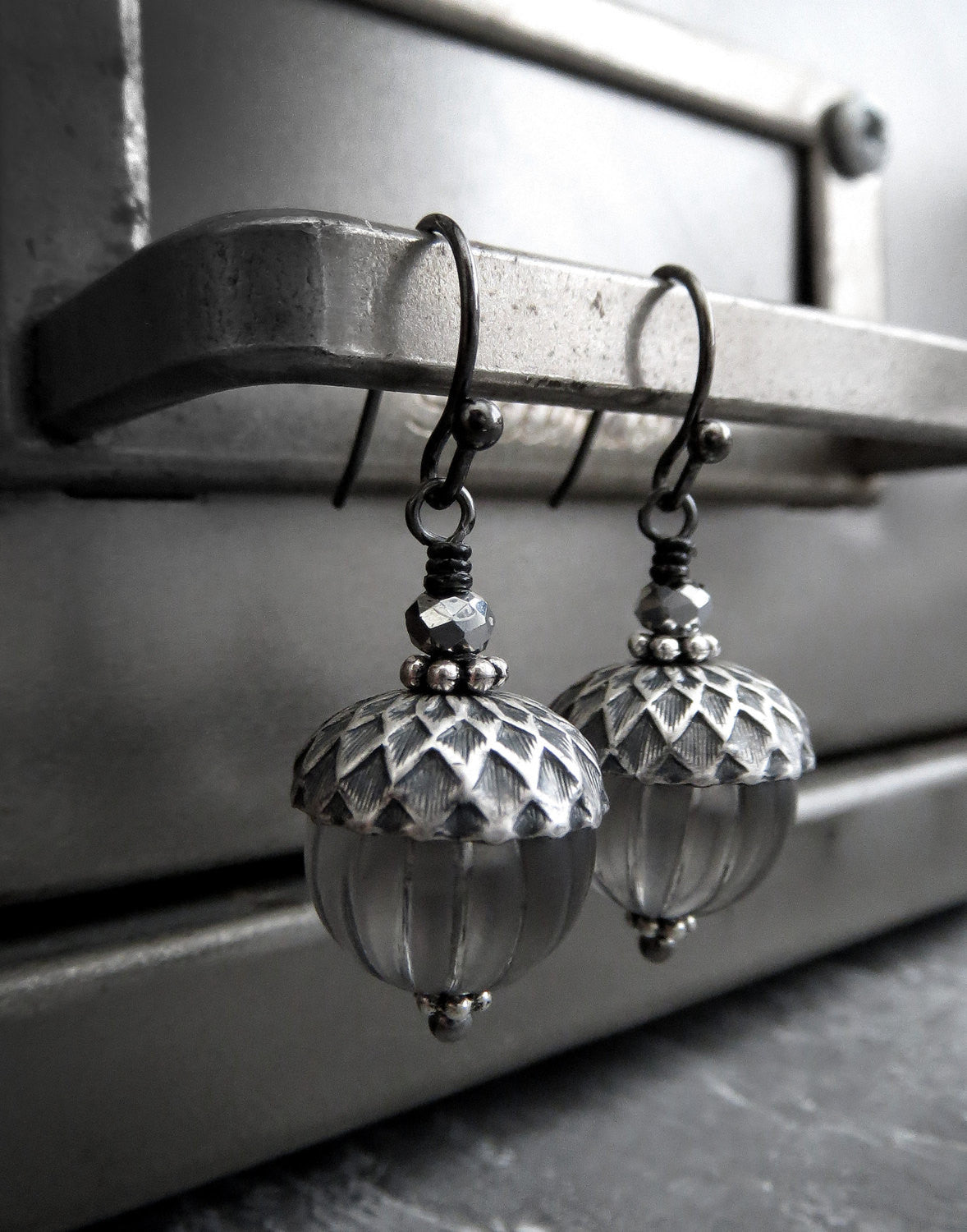 Silver Acorn Earrings with Grey Vintage Beads