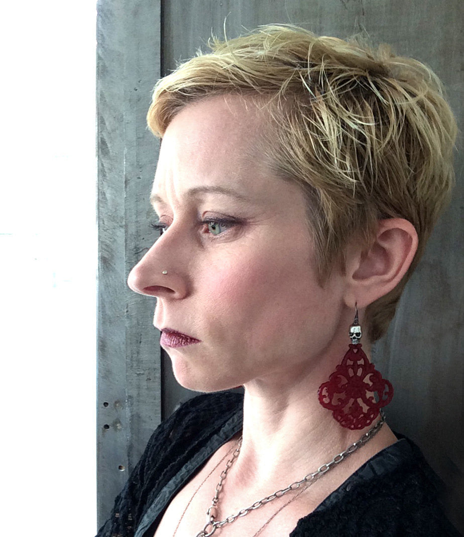 WICKED - Blood Red Chandelier Earrings with Silver Skulls