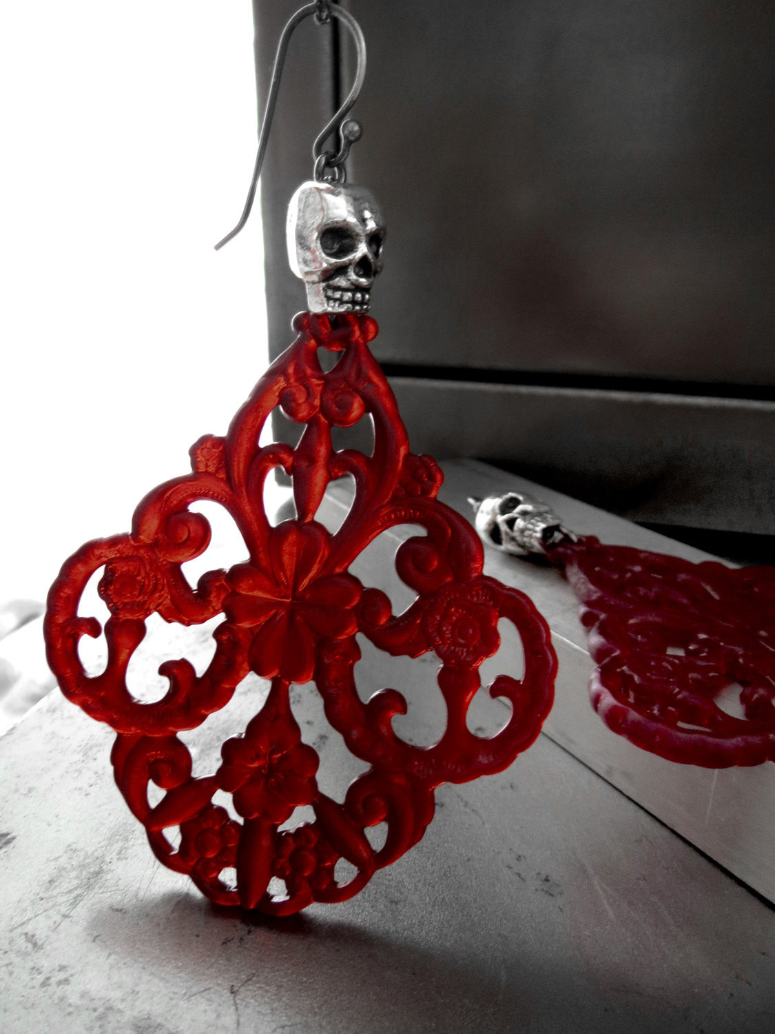 WICKED - Blood Red Chandelier Earrings with Silver Skulls